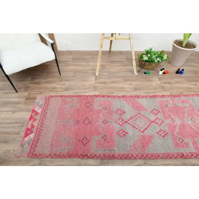 1970s Vintage Turkish Oushak Handmade Wool Cotton Pink Runner Rug 90x312