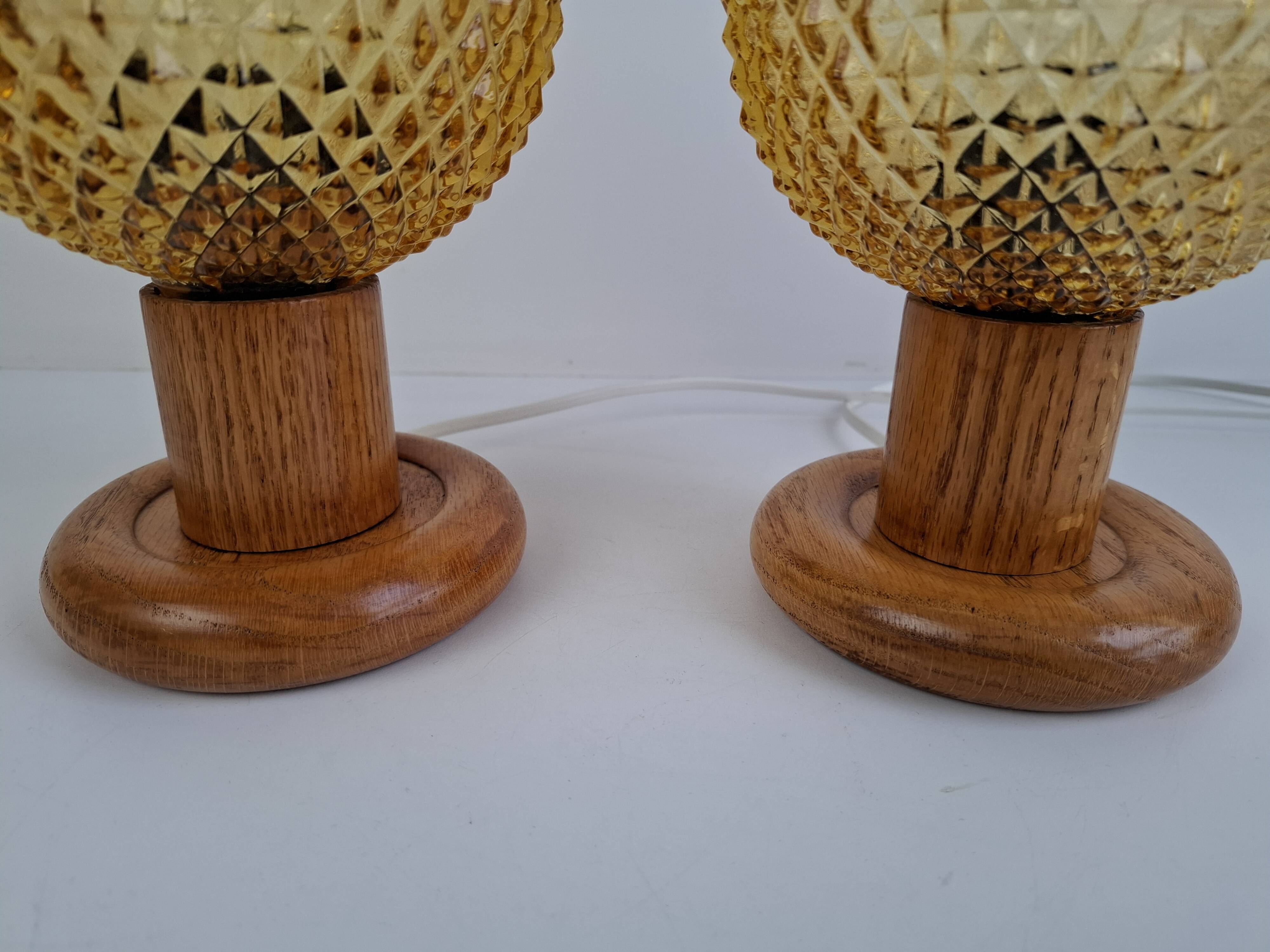 Pair of Mid-Century Table Lamps with Amber Glass and Wooden Base