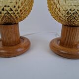 Pair of Mid-Century Table Lamps with Amber Glass and Wooden Base