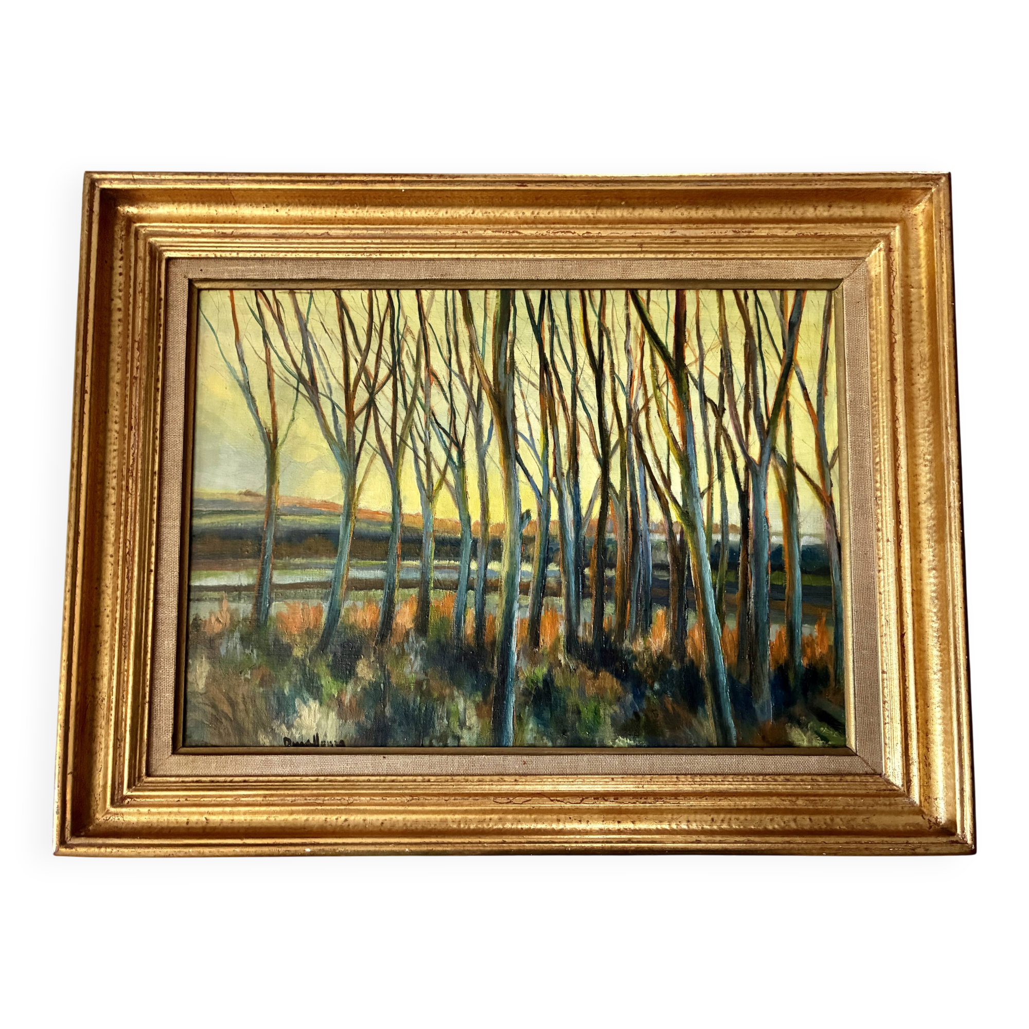Tableau très ancien sous bois au coucher de soleil