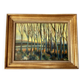 Tableau très ancien sous bois au coucher de soleil