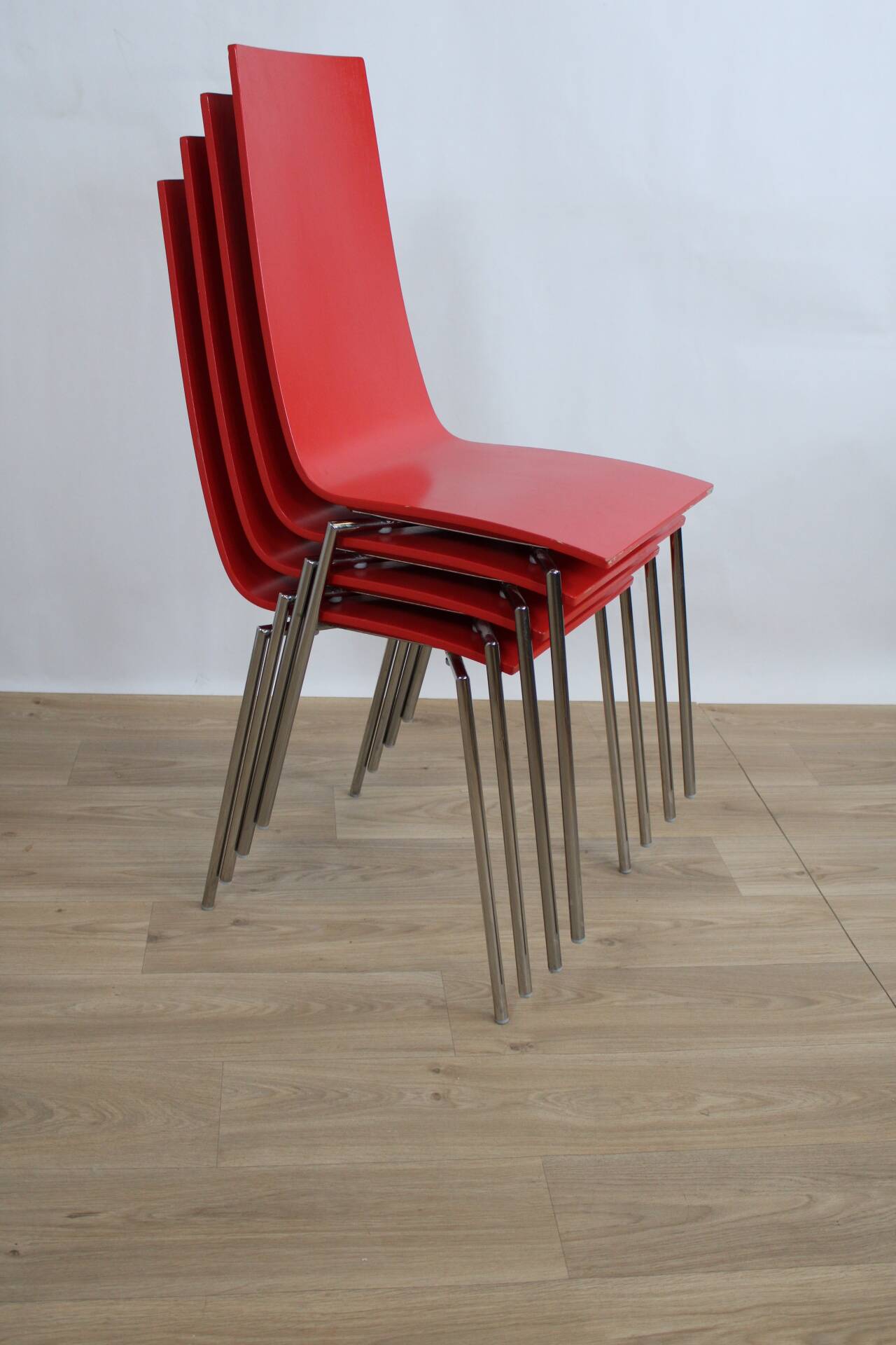 4 modernist stackable chairs in molded birch 1990 sweden