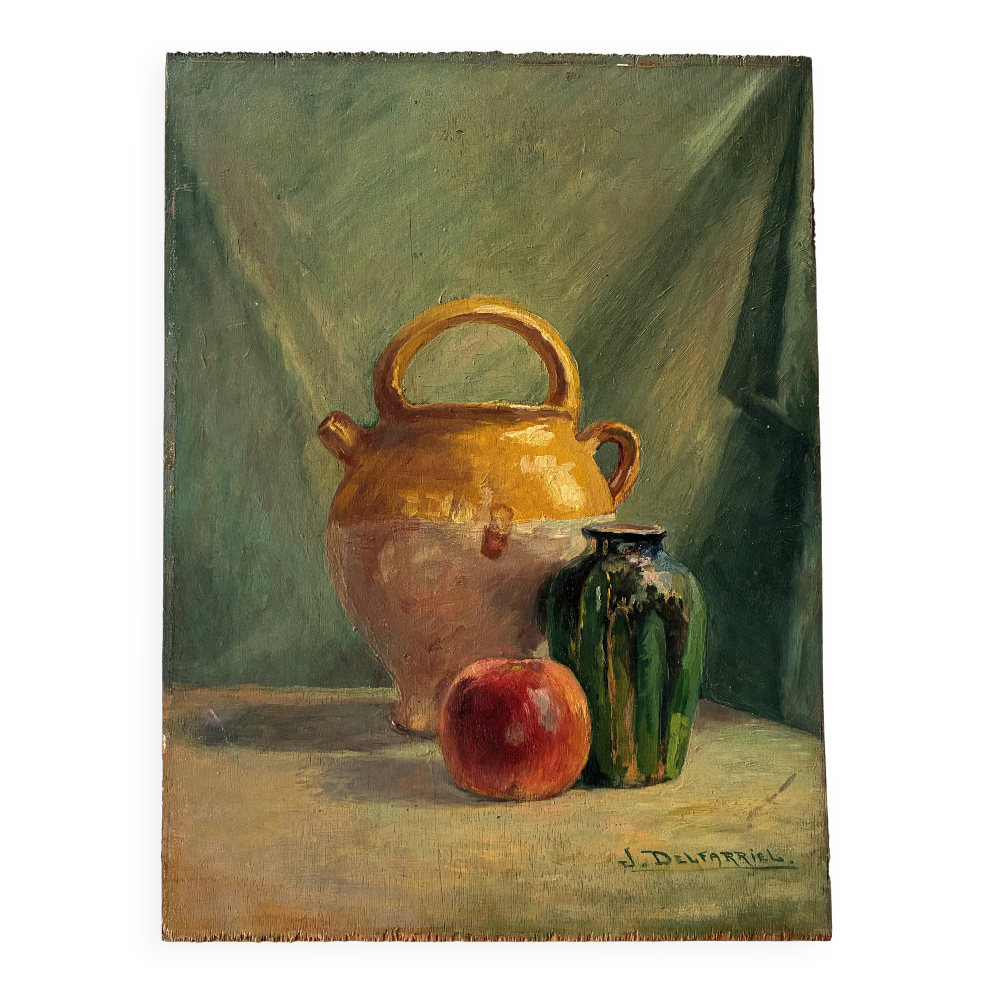 Old painting oil still life on plywood