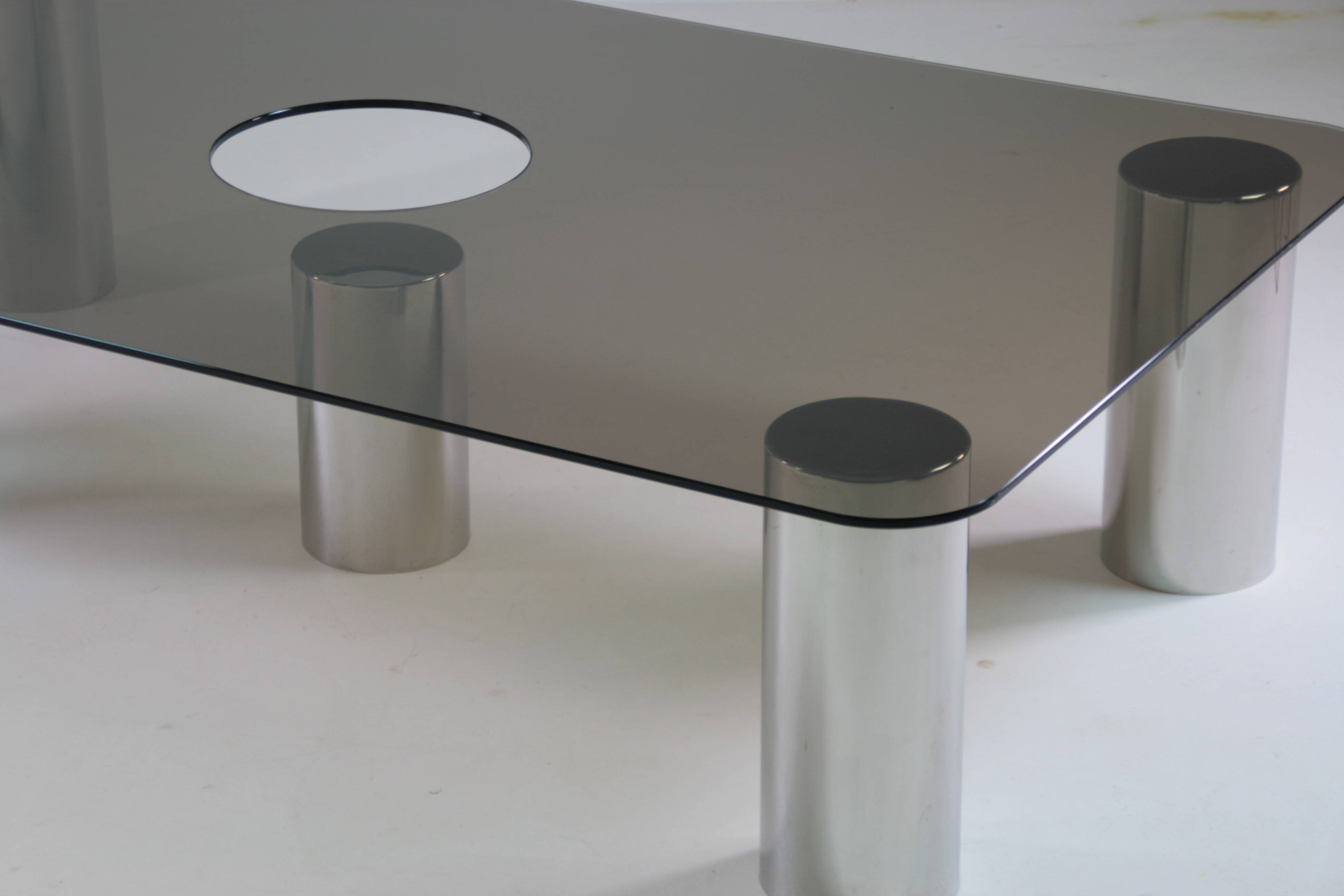 Large coffee table in chromed metal and smoked glass, Italy 1970