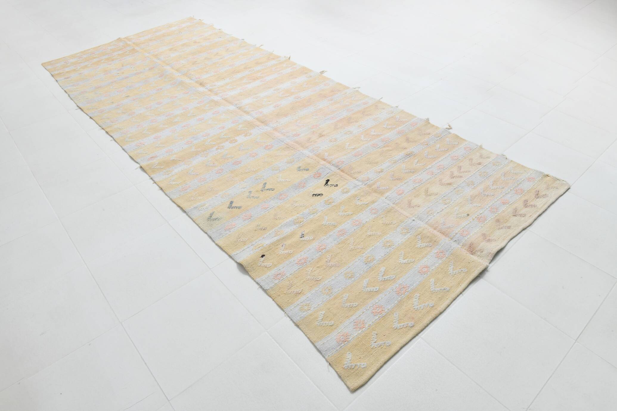 Soft Beige & Mustard Yellow Striped Wool Kilim Rug, 155x396