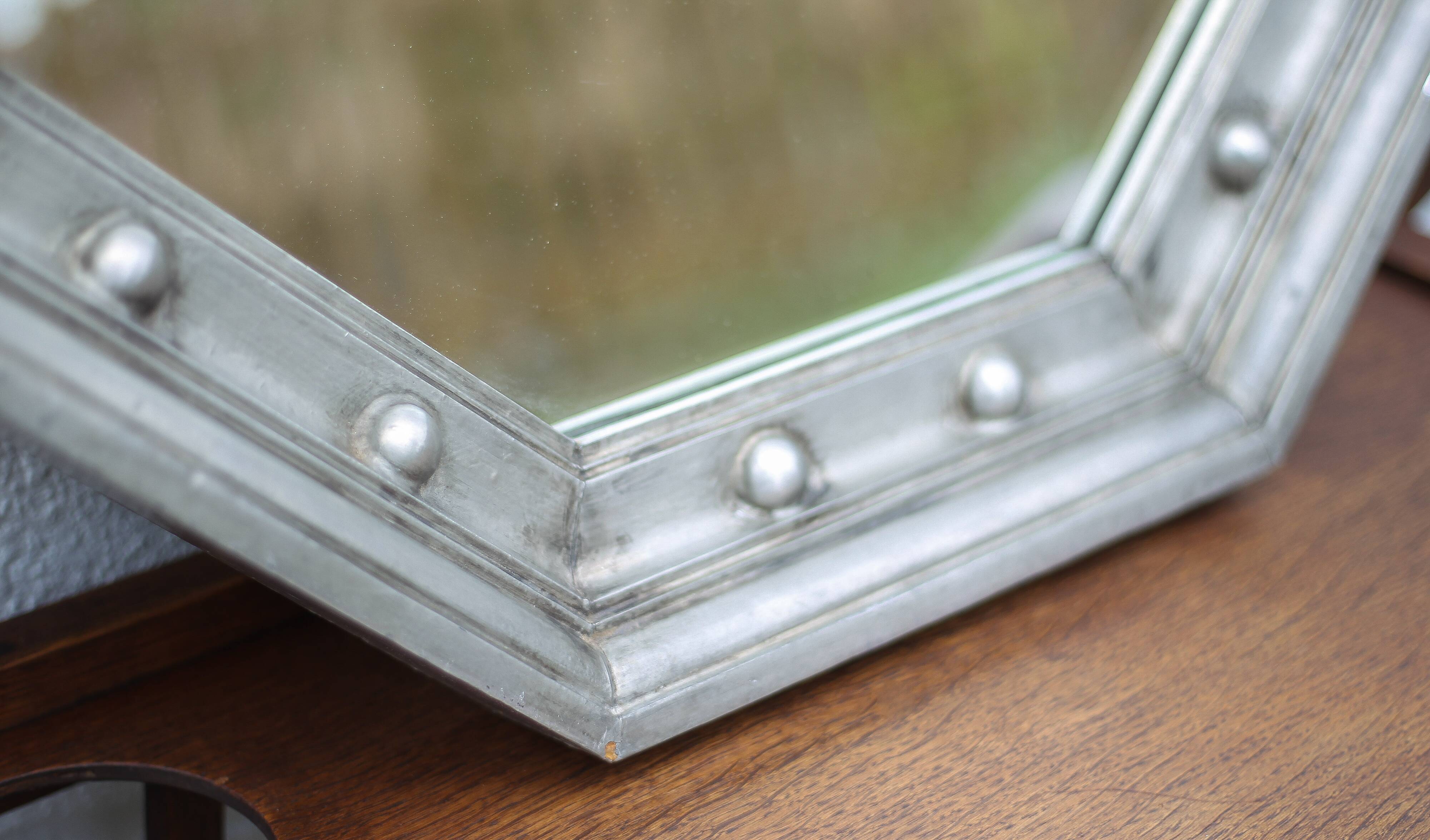 Vintage mirror, wooden mirror covered with tin, tin mirror from the 60s