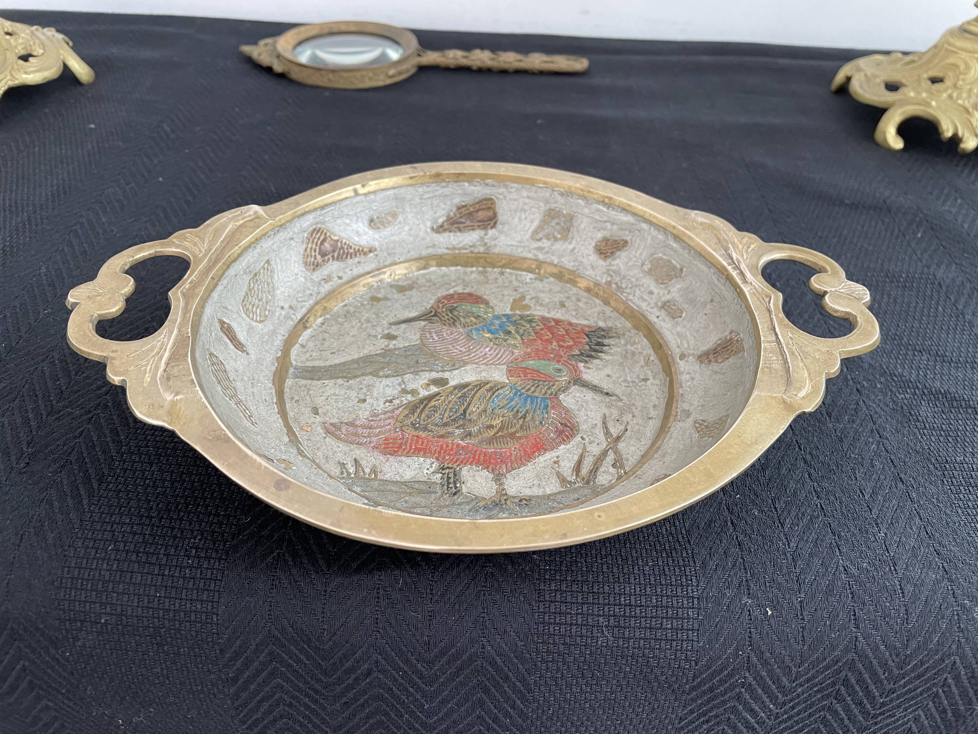 Antique chiseled brass cup - empty pocket - gold - gold color - painted birds - France