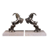 Serre-livres Art Déco bouquetins en régule patiné sur socle marbre taupe