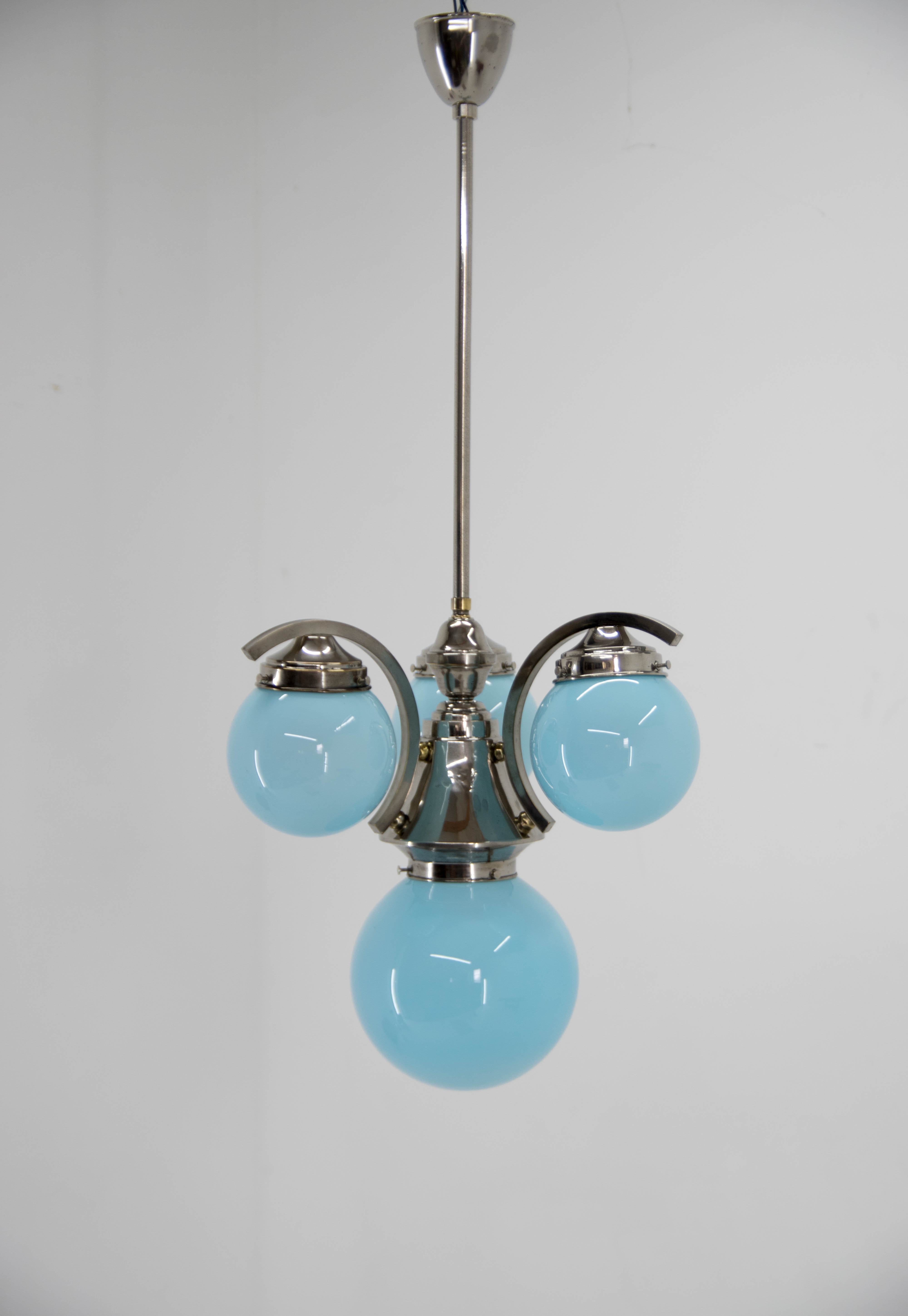 Art deco blue chandelier, 1930s, restored