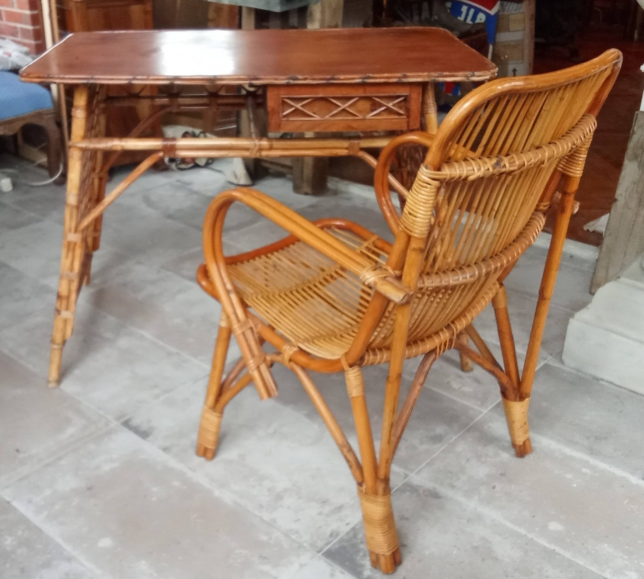 Vintage rattan desk and chair