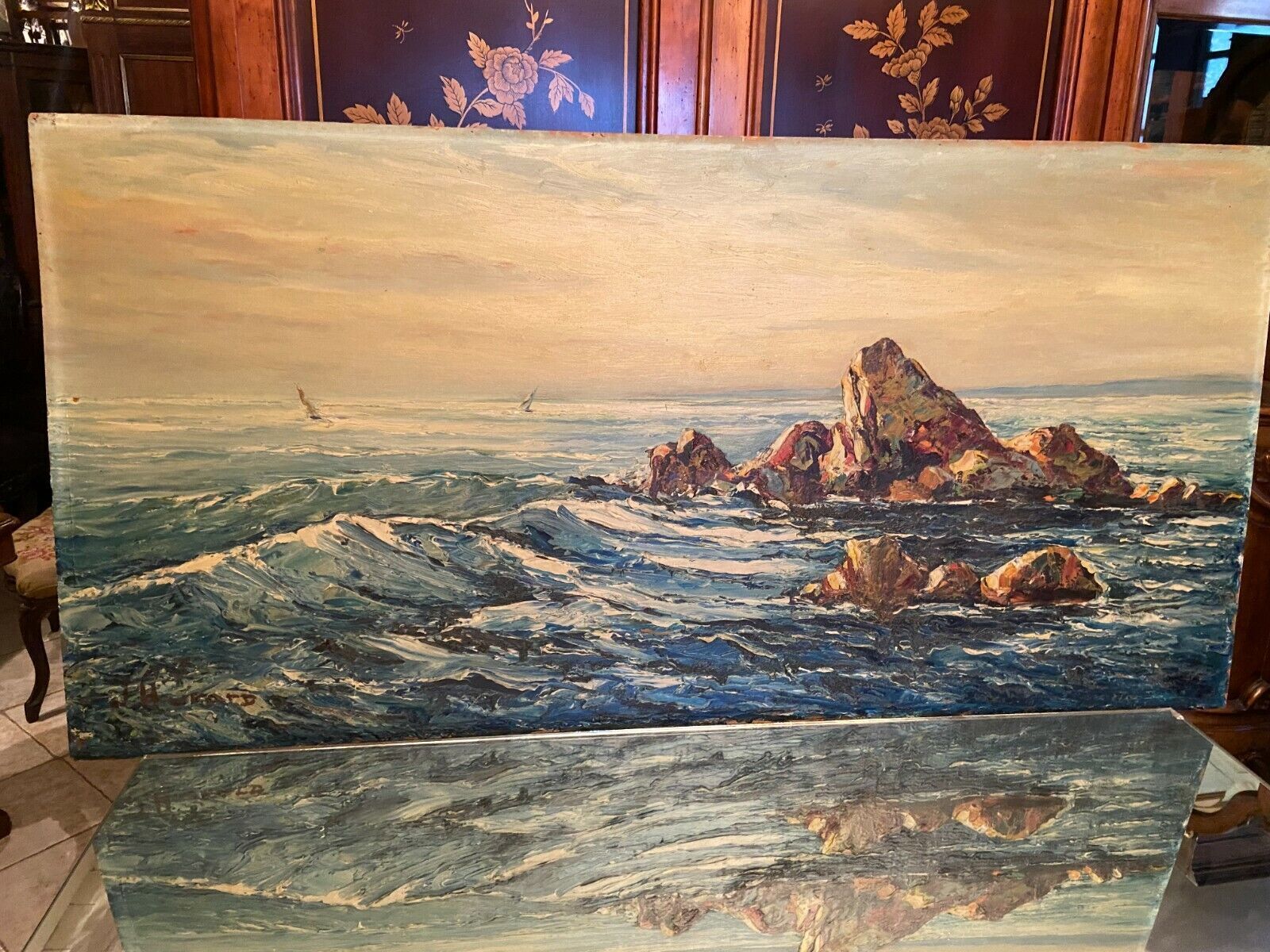 Painting, oil on panel, marine signed joseph hurard 1887-1956 work titled on the back: vague