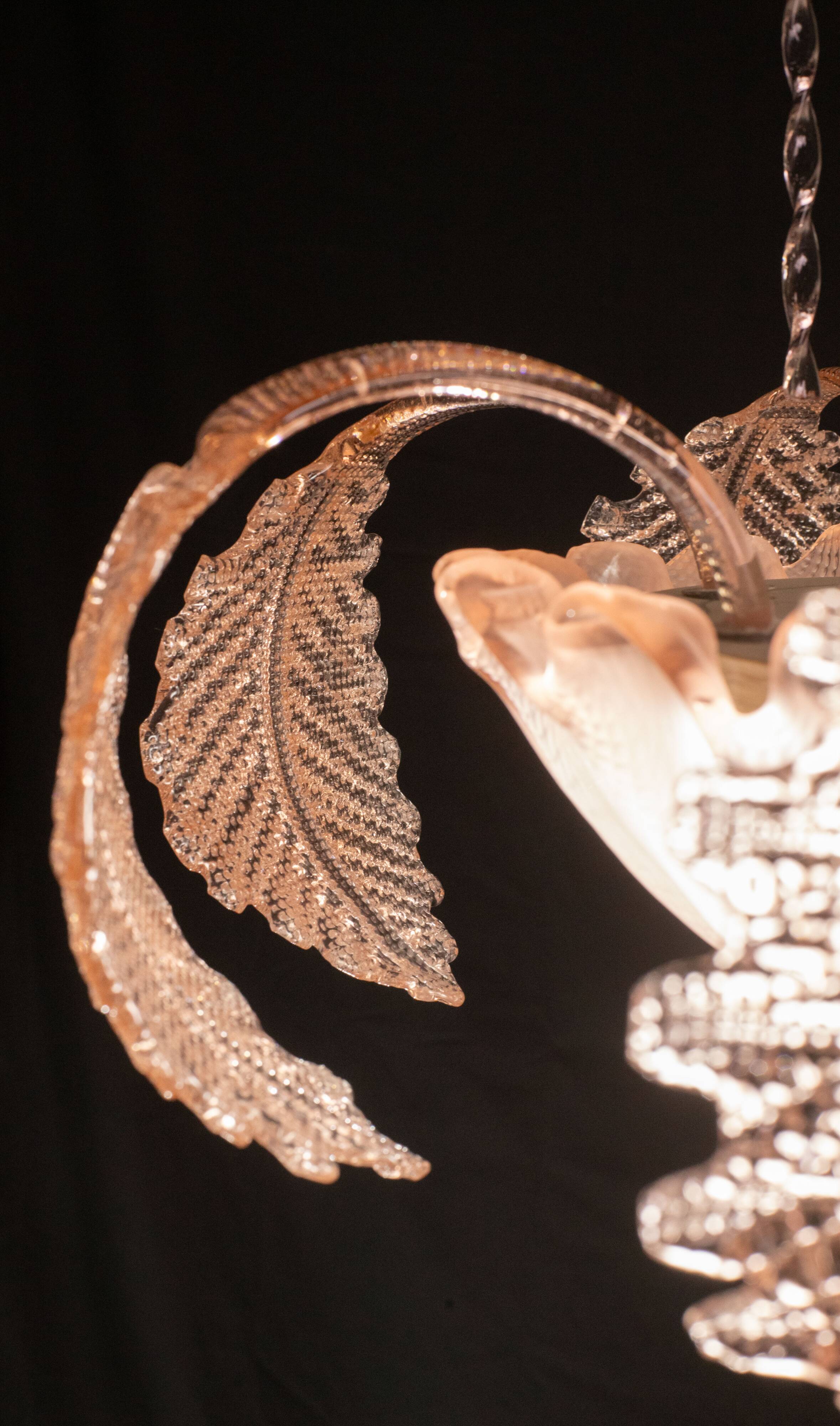 Pink Art Decò Barovier e Toso "Fountain" Pendant Light, Murano Glass, 1940s