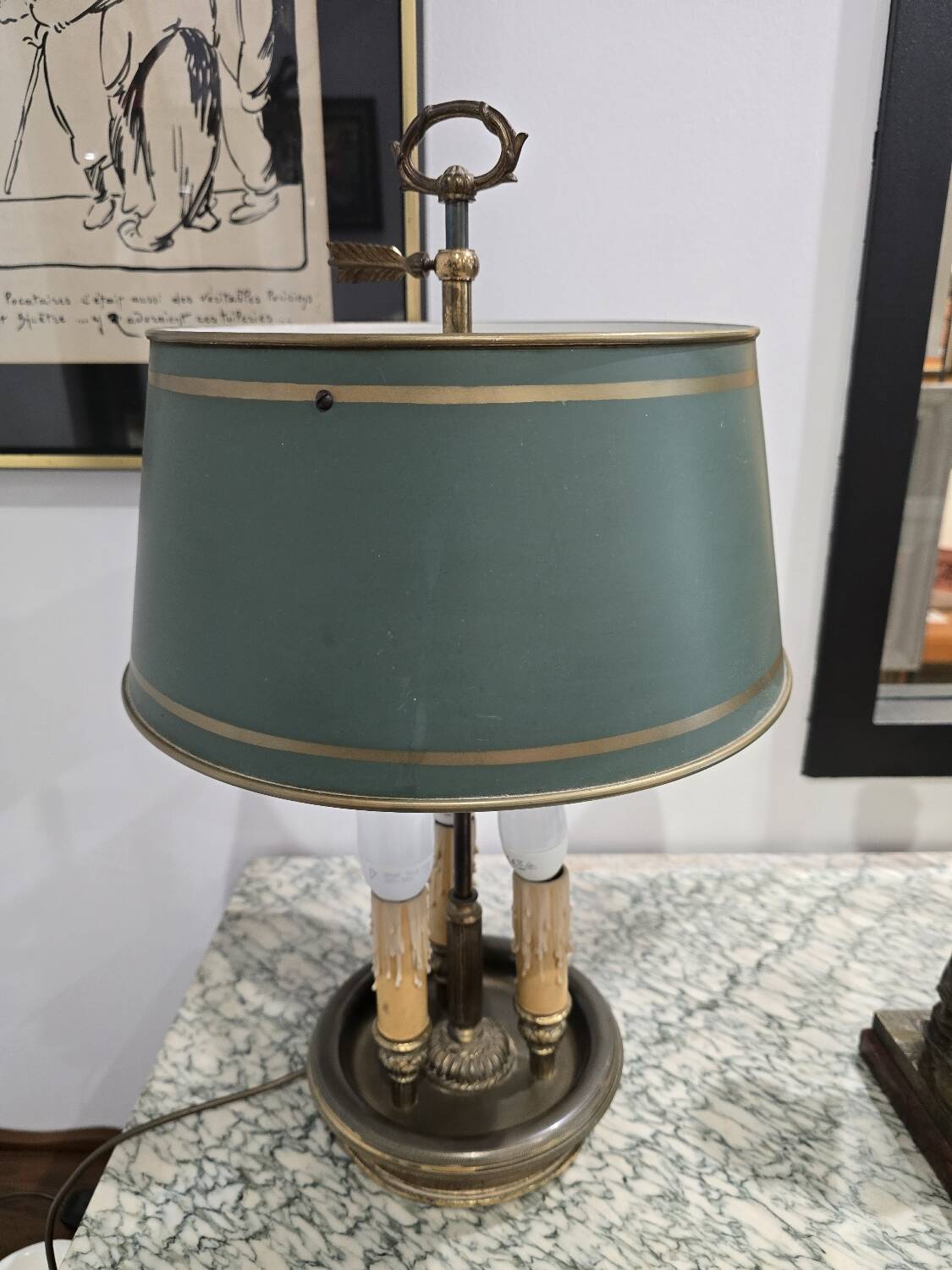 Three-armed brass hot water bottle lamp with empire green shade