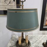 Three-armed brass hot water bottle lamp with empire green shade