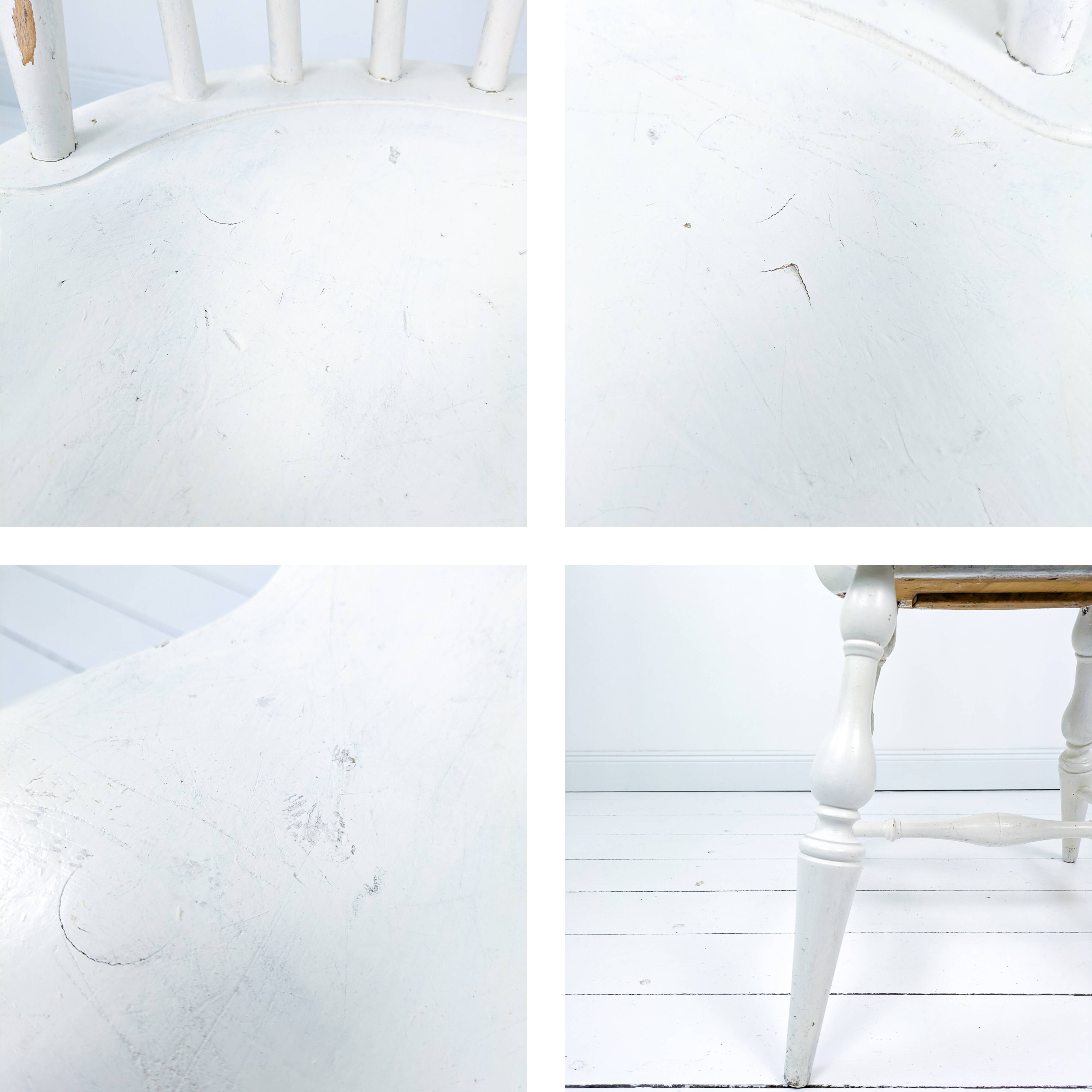 Chaise vintage en bois blanc avec dossier à barreaux, style maison de campagne