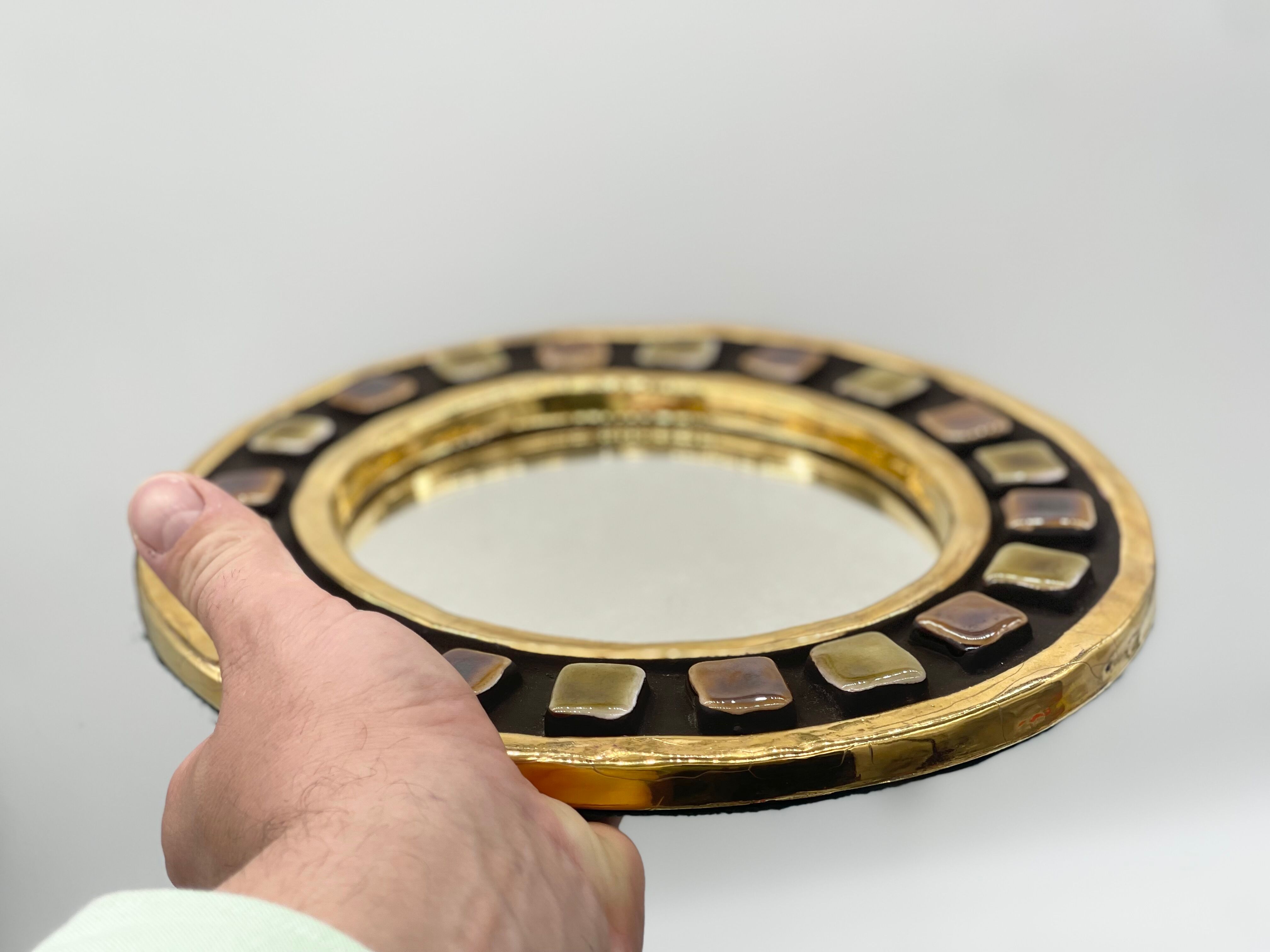 Golden ceramic mirror by Mithé Espelt 1960 24cm