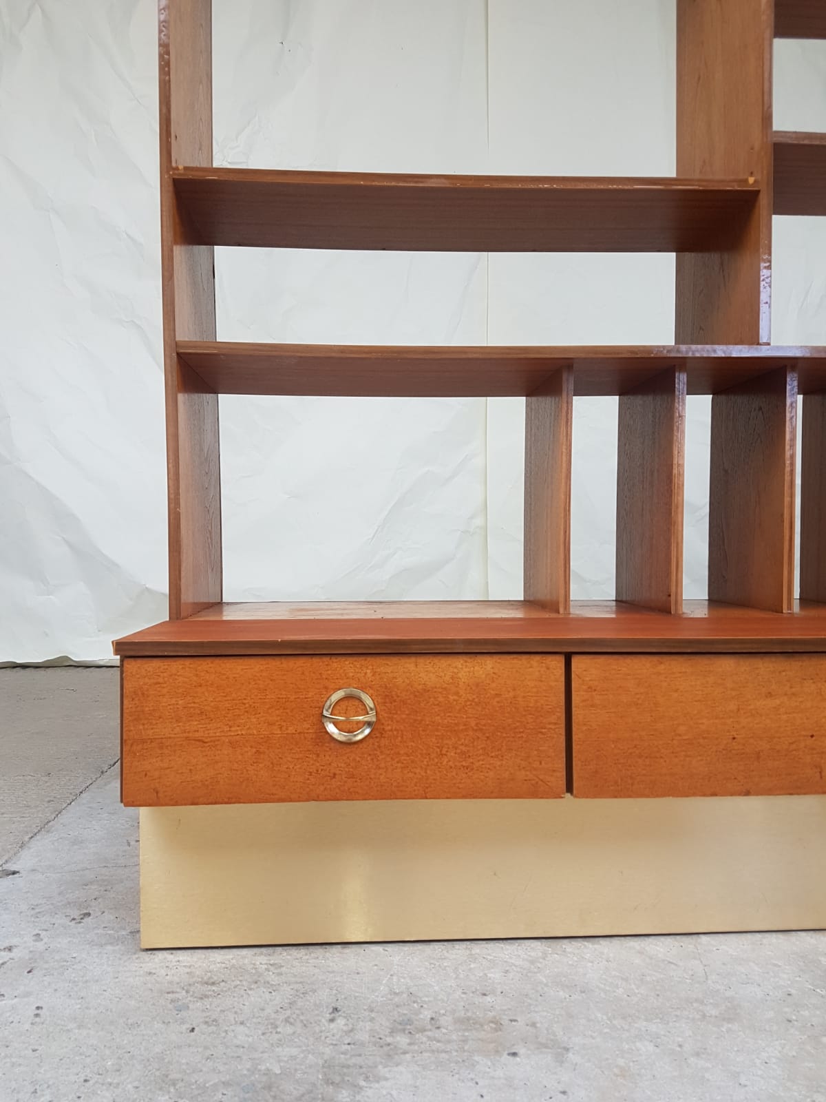 Vintage mid century library in teak used as wall unit shelf, room divider, media store