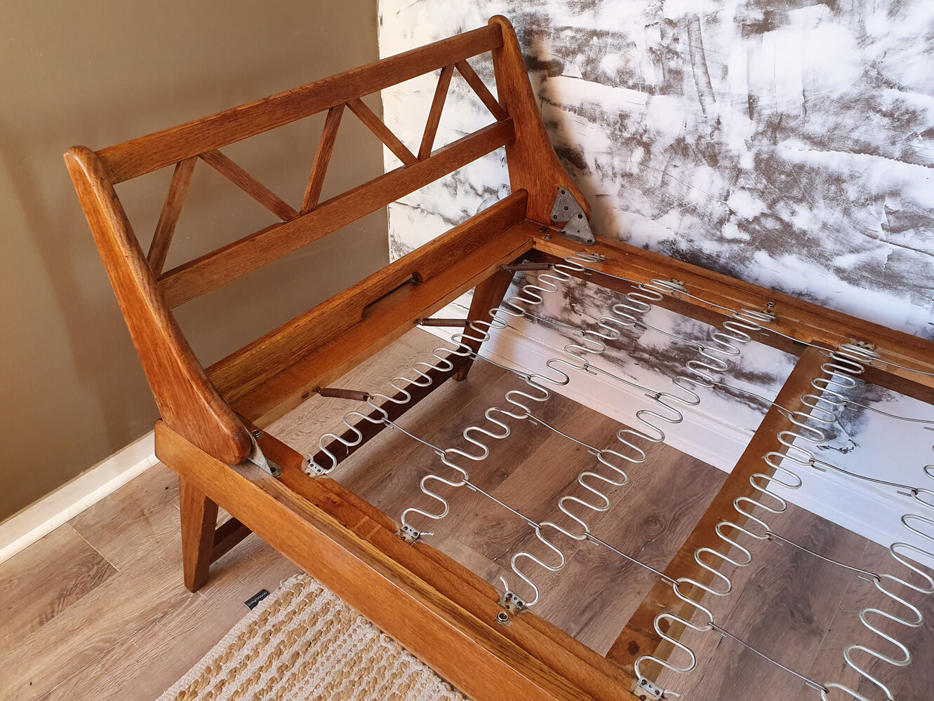 folding bed wood, daybed, solid oak, vintage, 50s