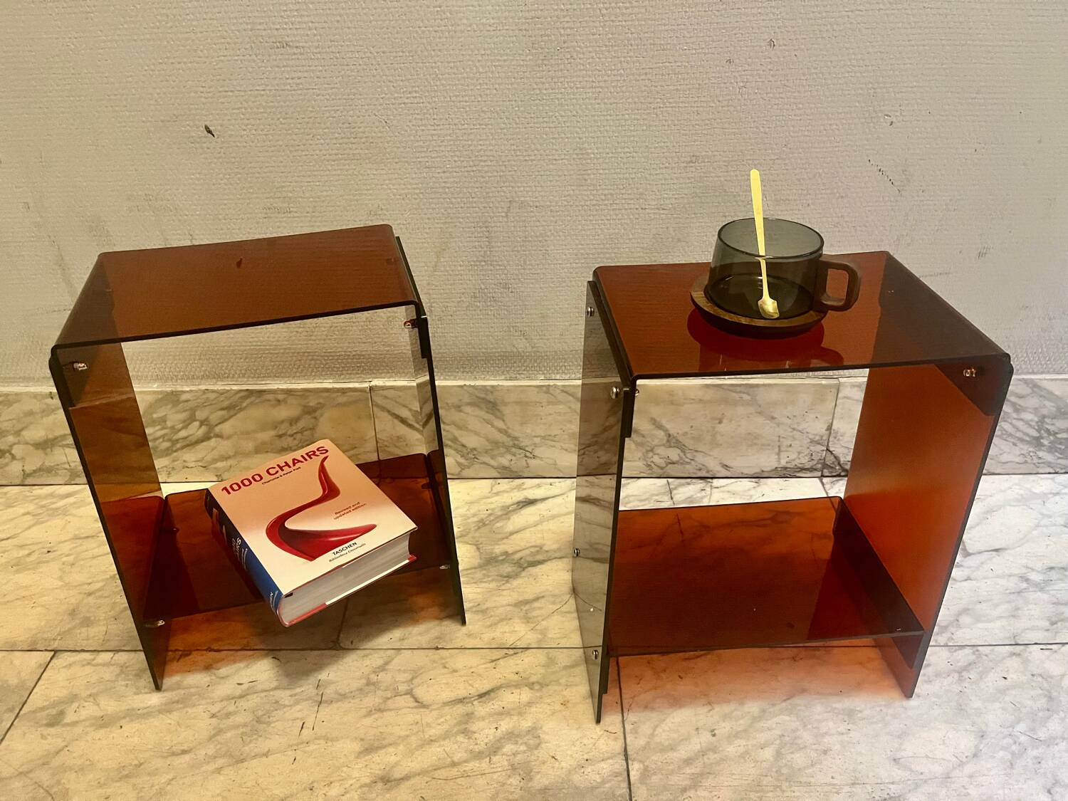 Pair of vintage smoked brown plexiglass side tables