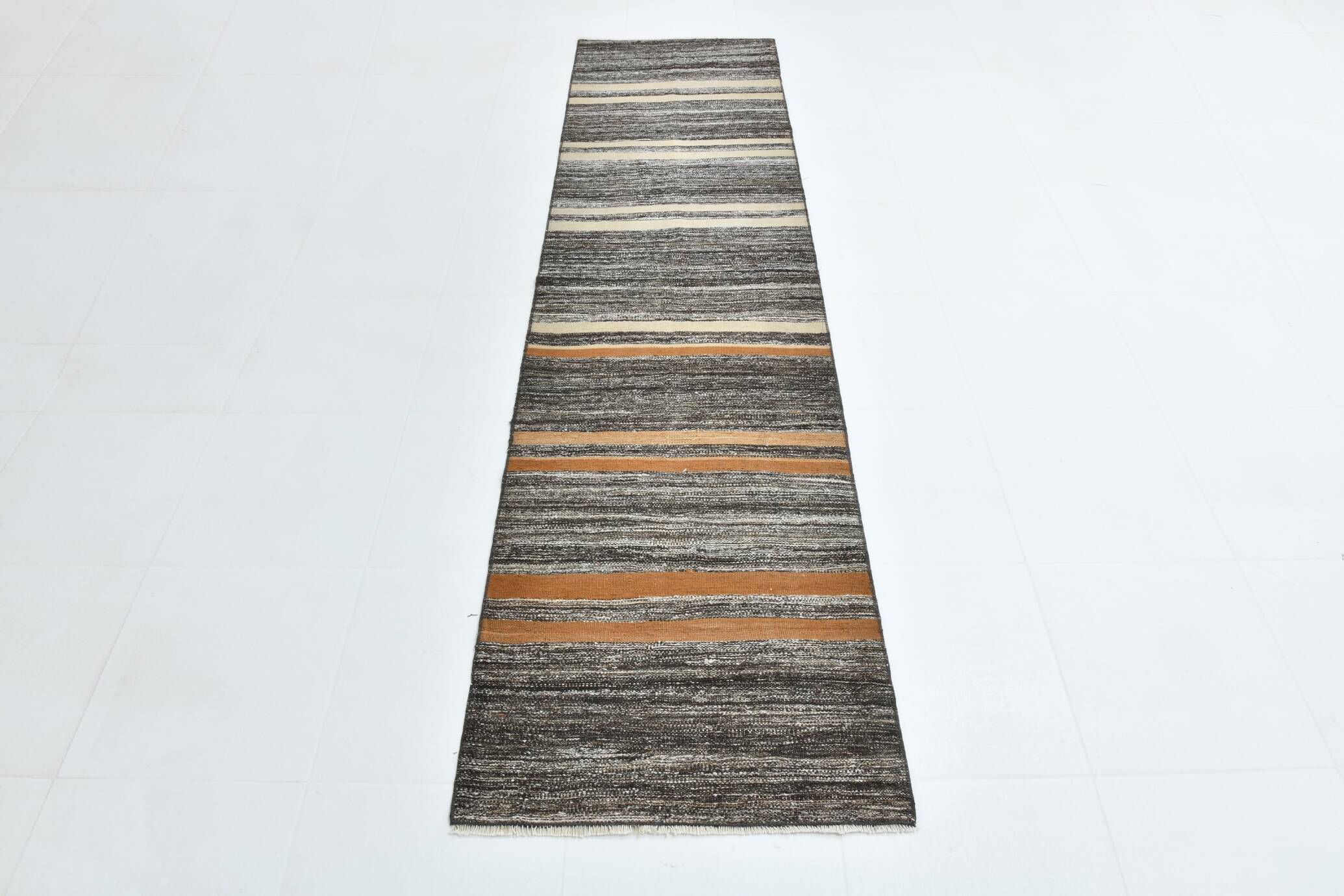 Tapis de couloir Kilim rayé marron crème 2x9, tapis de cuisine, 69x272 cm