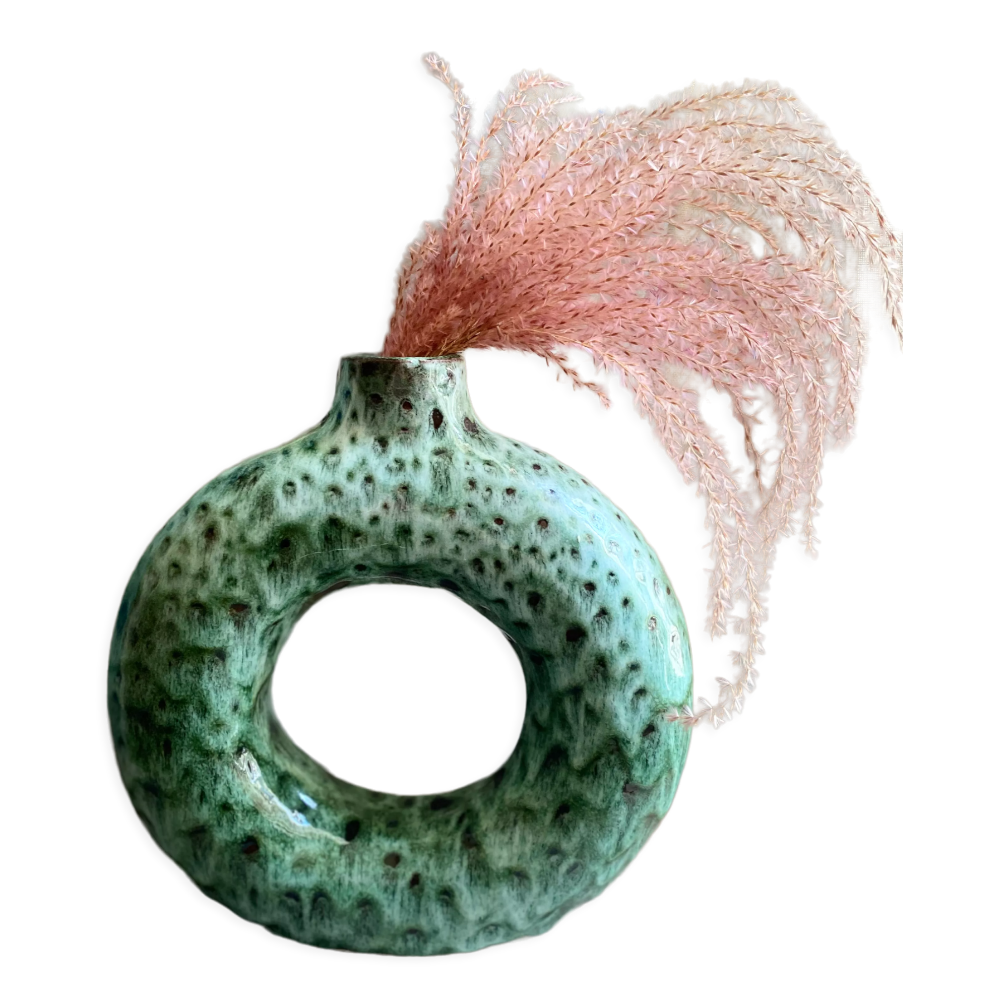 Handmade terracotta donut vase in light green terracotta