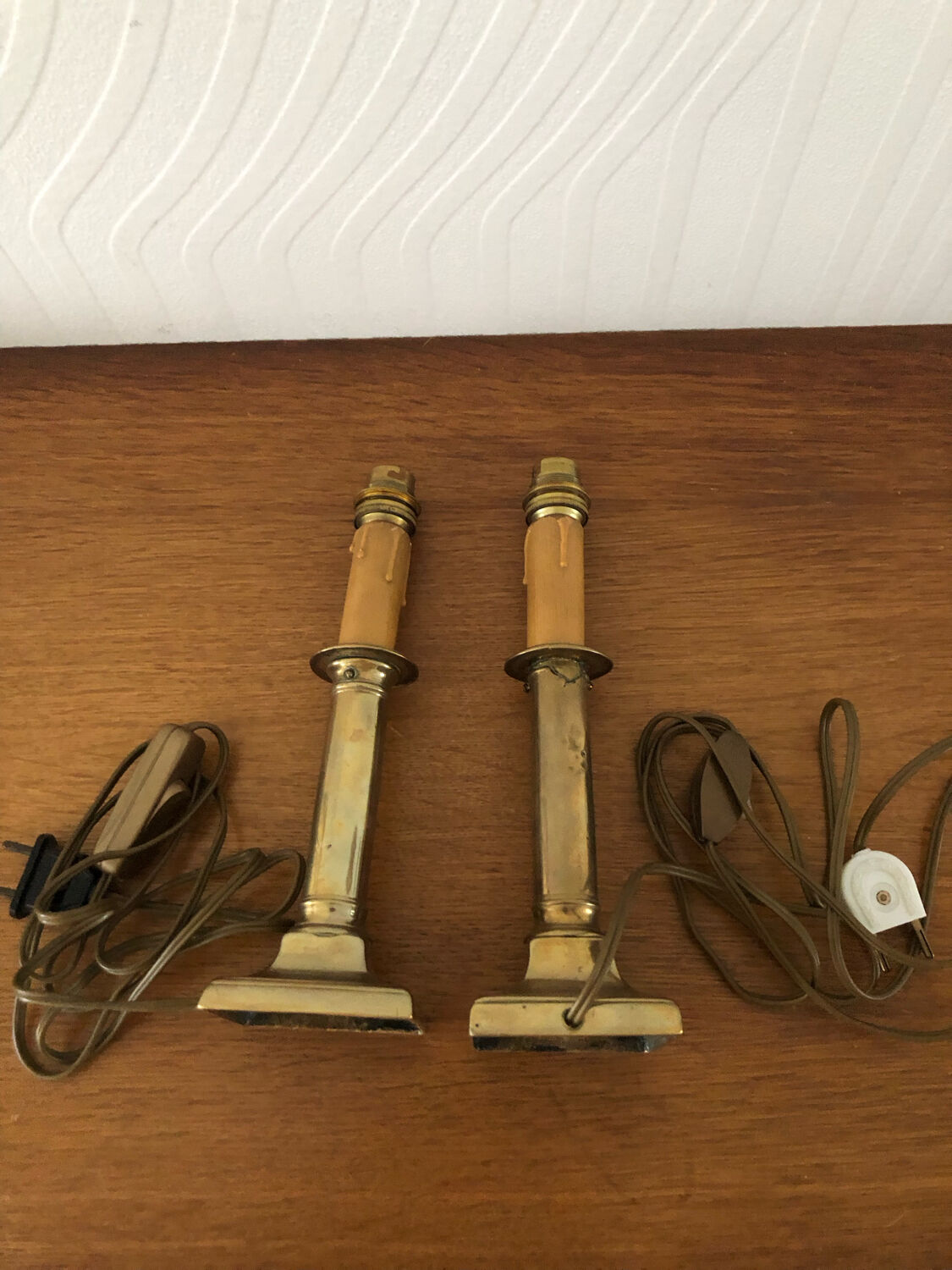 2 old brass candlestick lamp bases