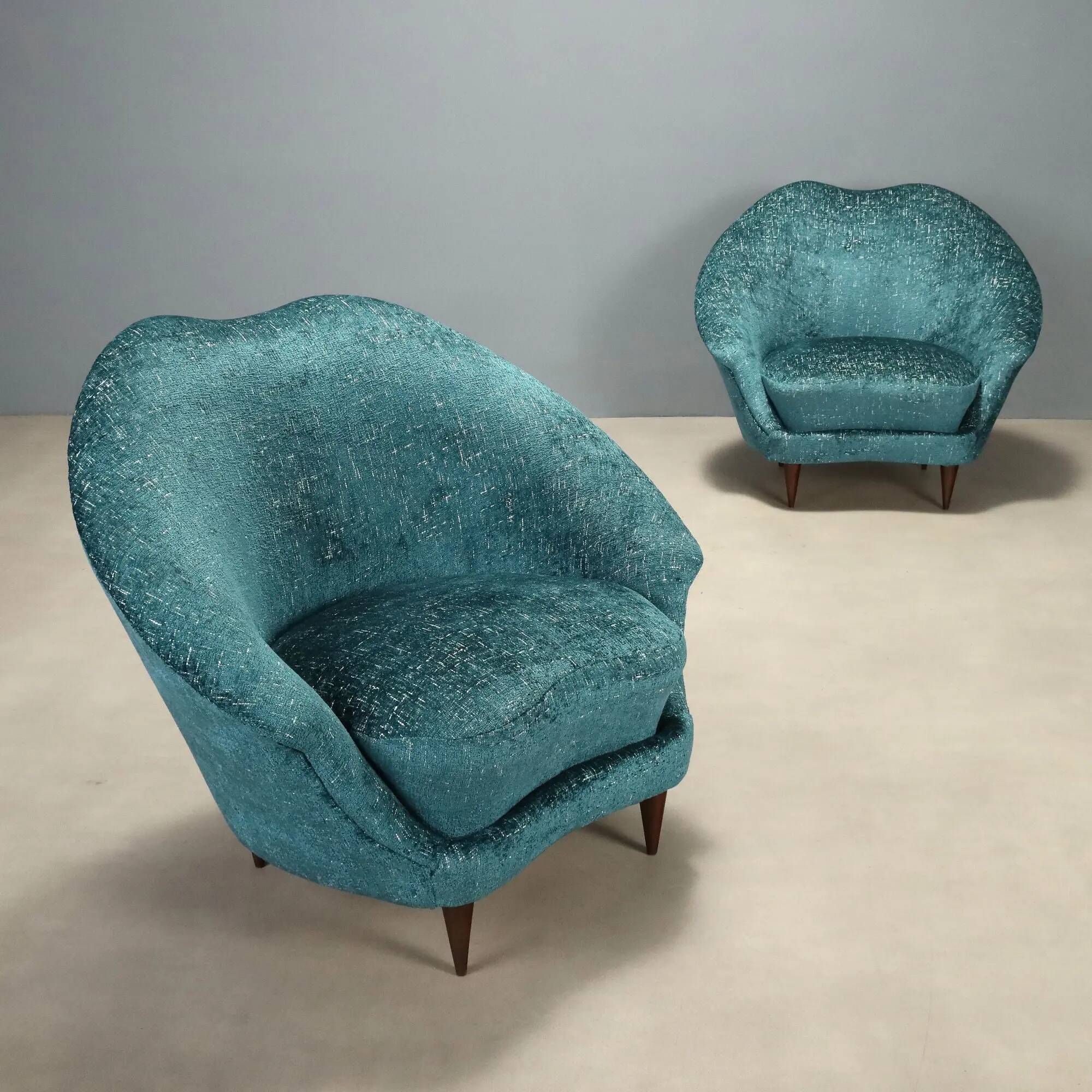 Pair of vintage armchairs in blue fabric and beech, Italy, 1950s