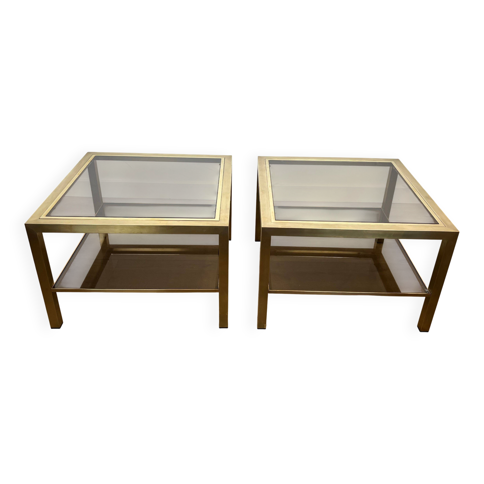 Pair of large square brass side tables