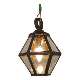 Vintage French Copper Lantern Style Ceiling Light 12 Shaped Glass Panels 4738
