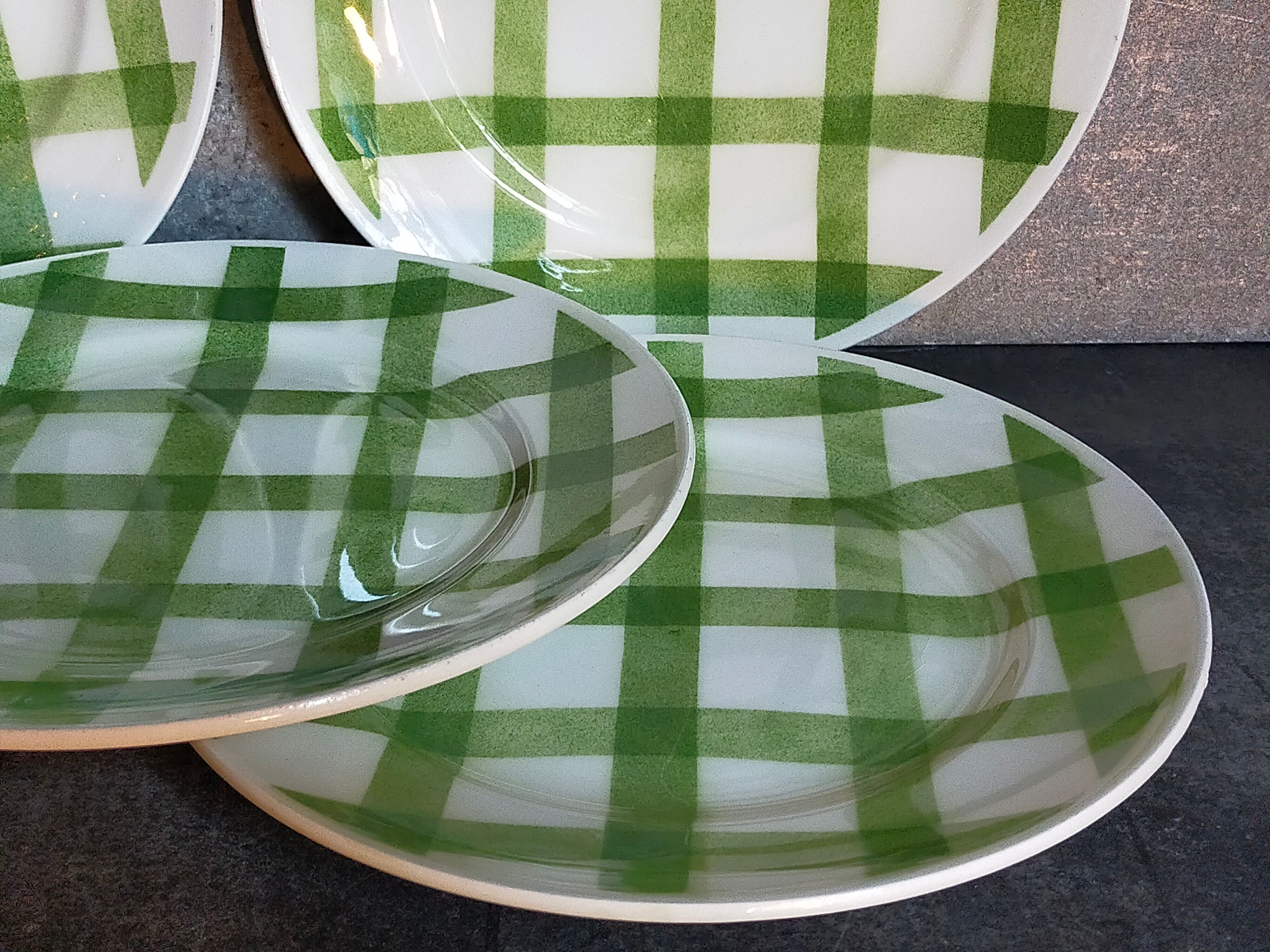 Five dessert plates Orchis-Moulin des Loups vintage checkered décor