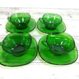 Set of 4 cups and saucers in Vereco green glass