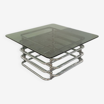 Vintage Italian square coffee table in smoked glass and chromed metal from the 70s