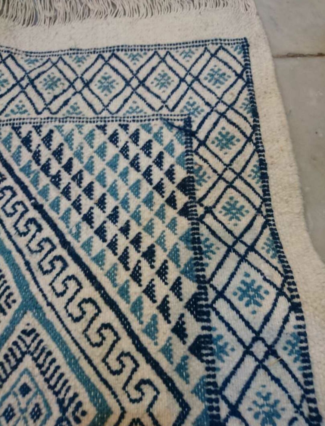 Berber carpet white and blue wool handmade