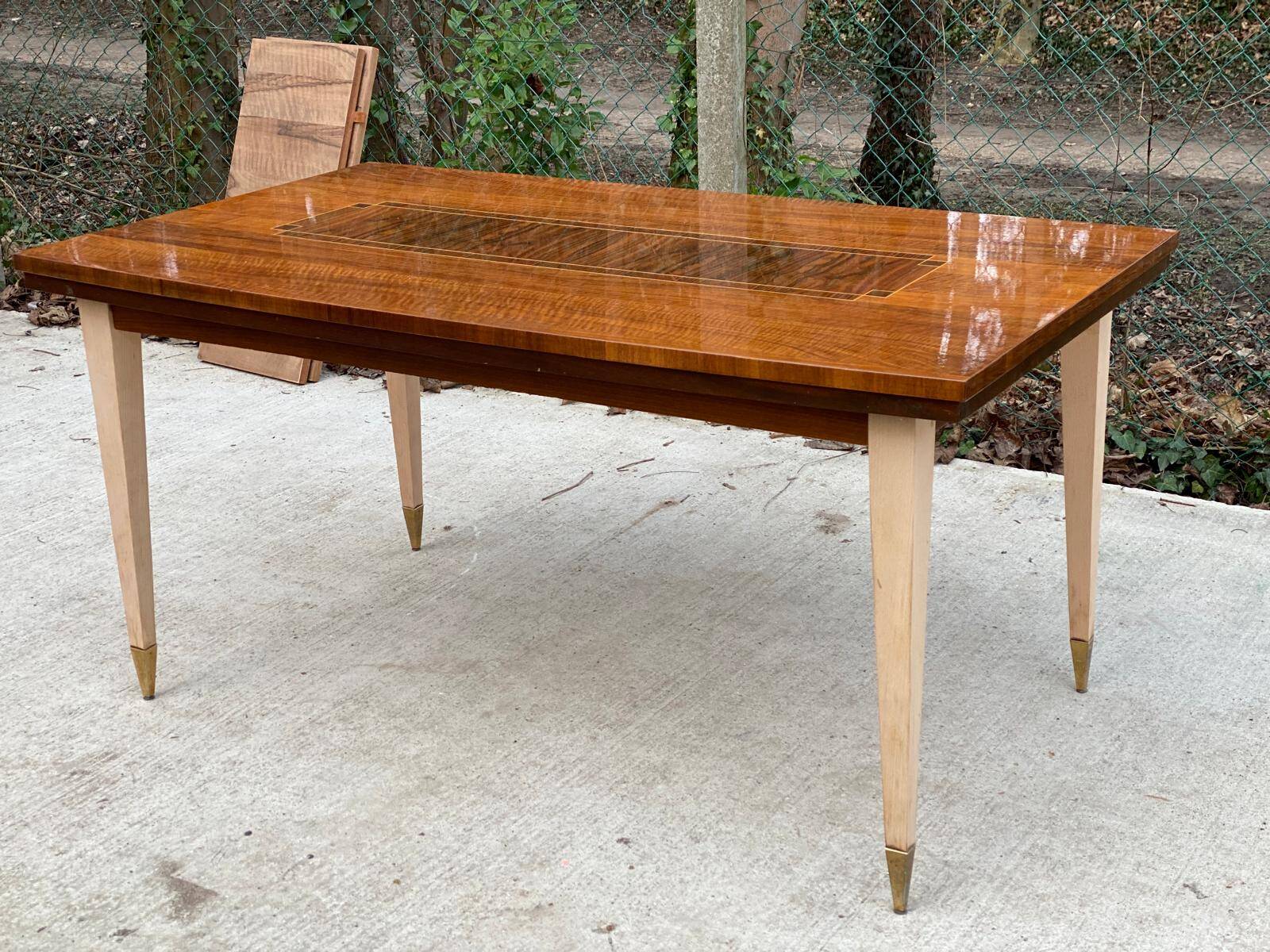 Scandinavian extendable dining table in wood and beautiful lacquered marquetry 230cm