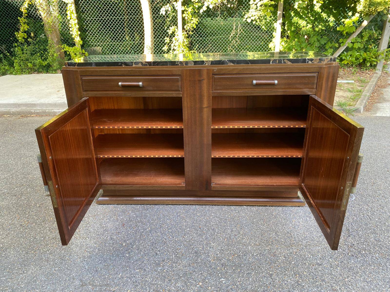 Vintage Parisian art deco sideboard in solid wood and black marble 180cm