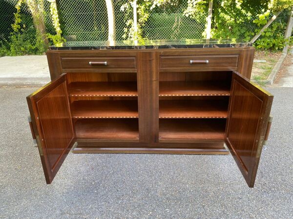 Buffet parisien art déco vintage en bois massif et marbre noir 180cm
