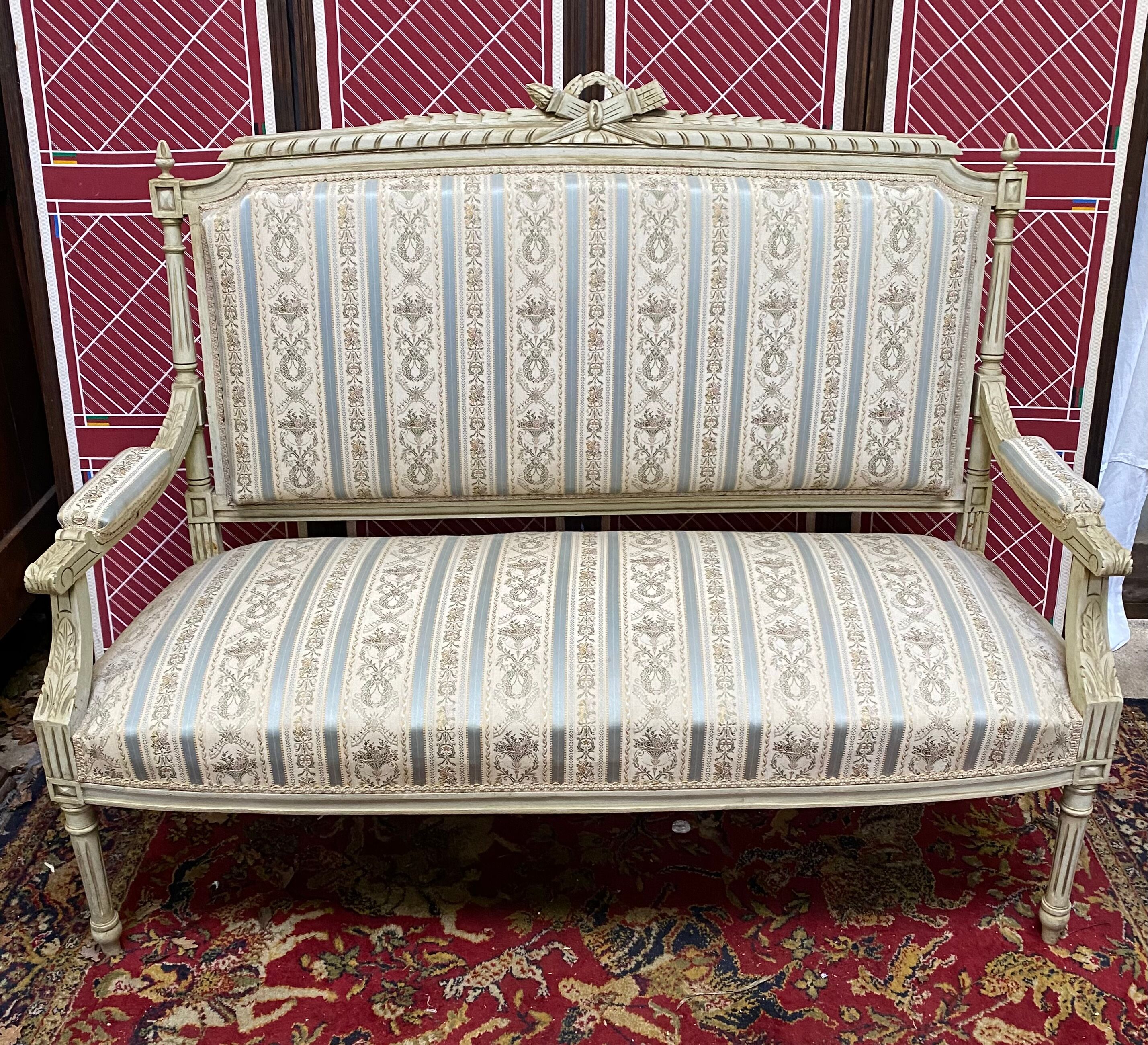 Louis XVI style bench carved with original fabrics and silks
