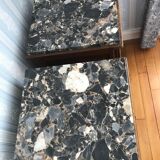 Set of 2 old oak bedside tables above black marble plaque