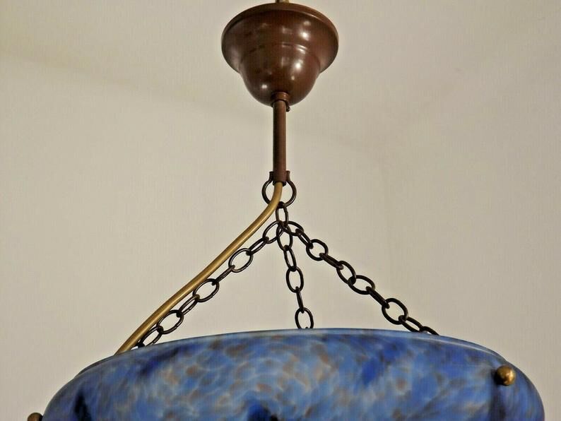 French Vintage Single Light Blue Art Glass Ceiling Light 3 Chains & Fitting