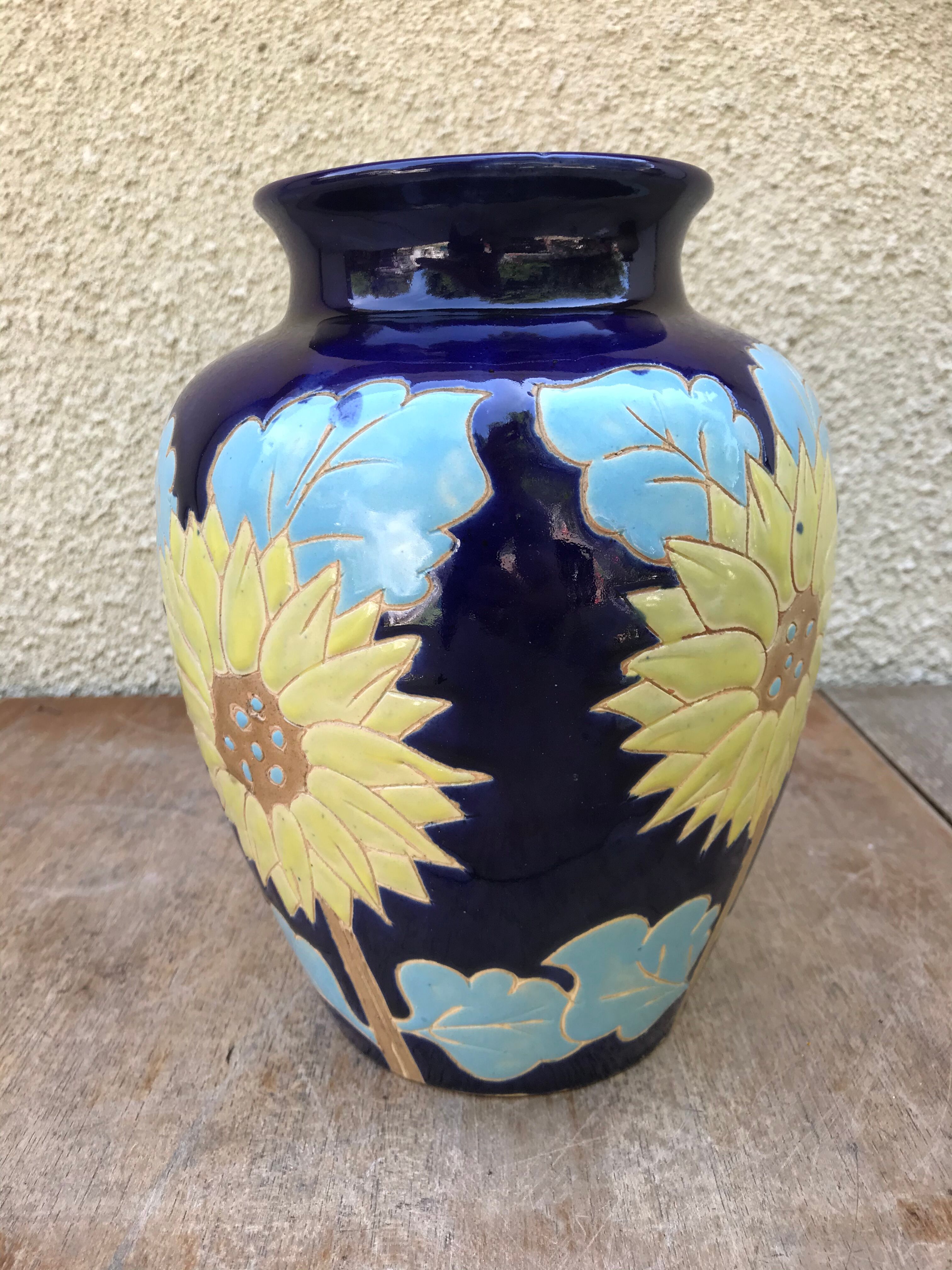 Ancient Blue Enamelled Ceramic Vase Decor Yellow Flowers 60s Vintage