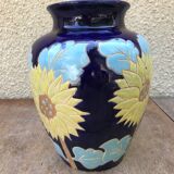 Vase céramique émaillée bleue décor fleurs jaune années 60 vintage