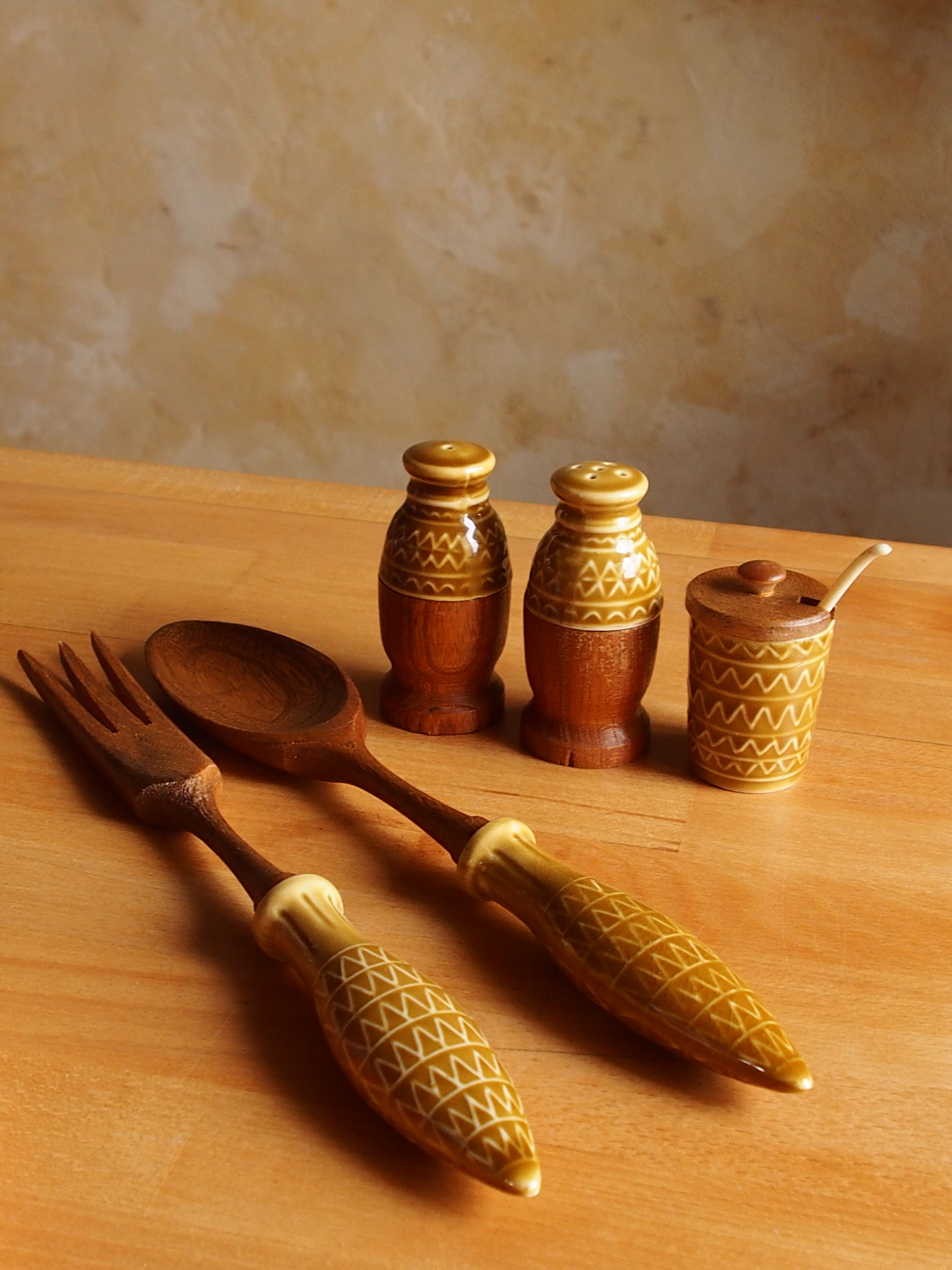 Vintage salt shaker, pepper, mustard and salad cutlery set