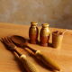 Vintage salt shaker, pepper, mustard and salad cutlery set