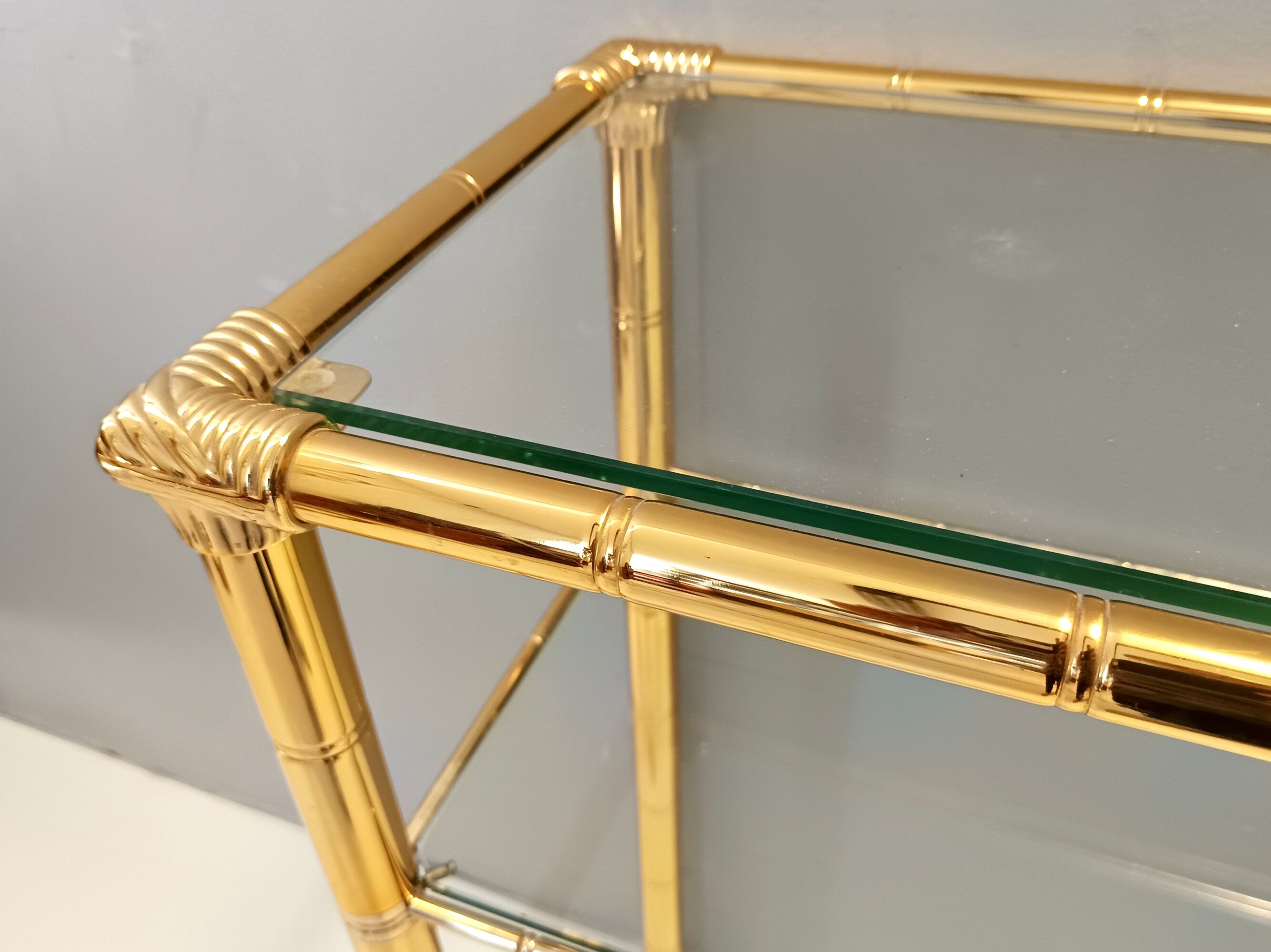 Rectangular Gold Aluminum Console Table with Two Glass Shelves, Italy