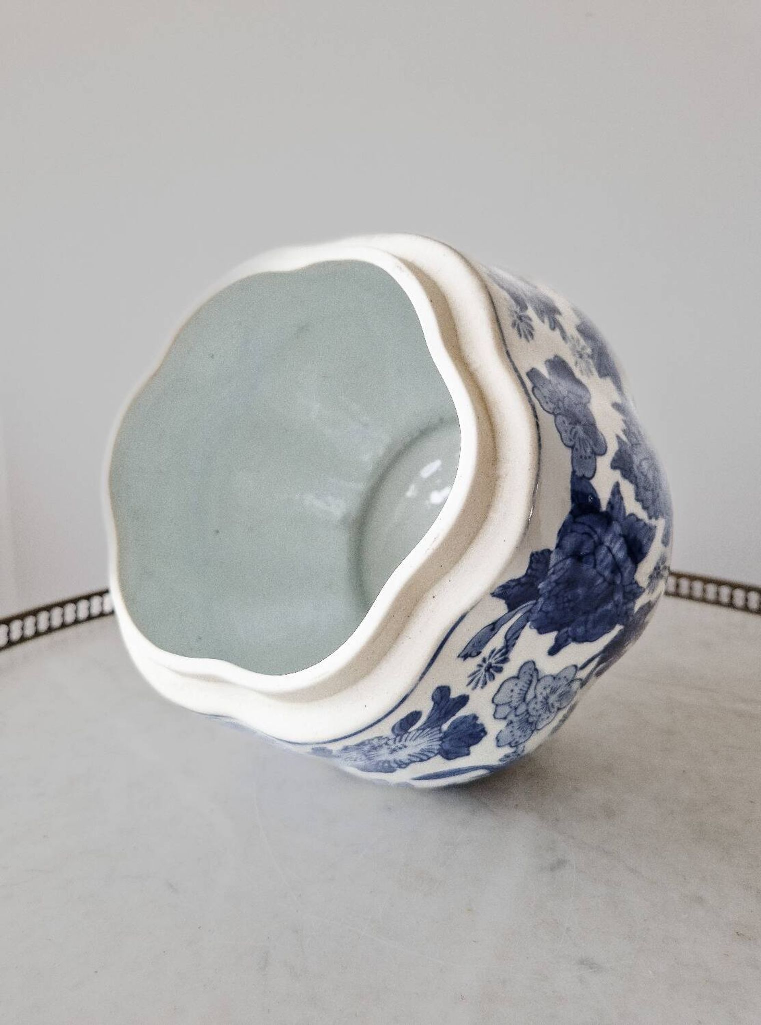 Large vintage Chinese handcrafted glazed ceramic pot with blue flower pattern