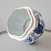 Large vintage Chinese handcrafted glazed ceramic pot with blue flower pattern