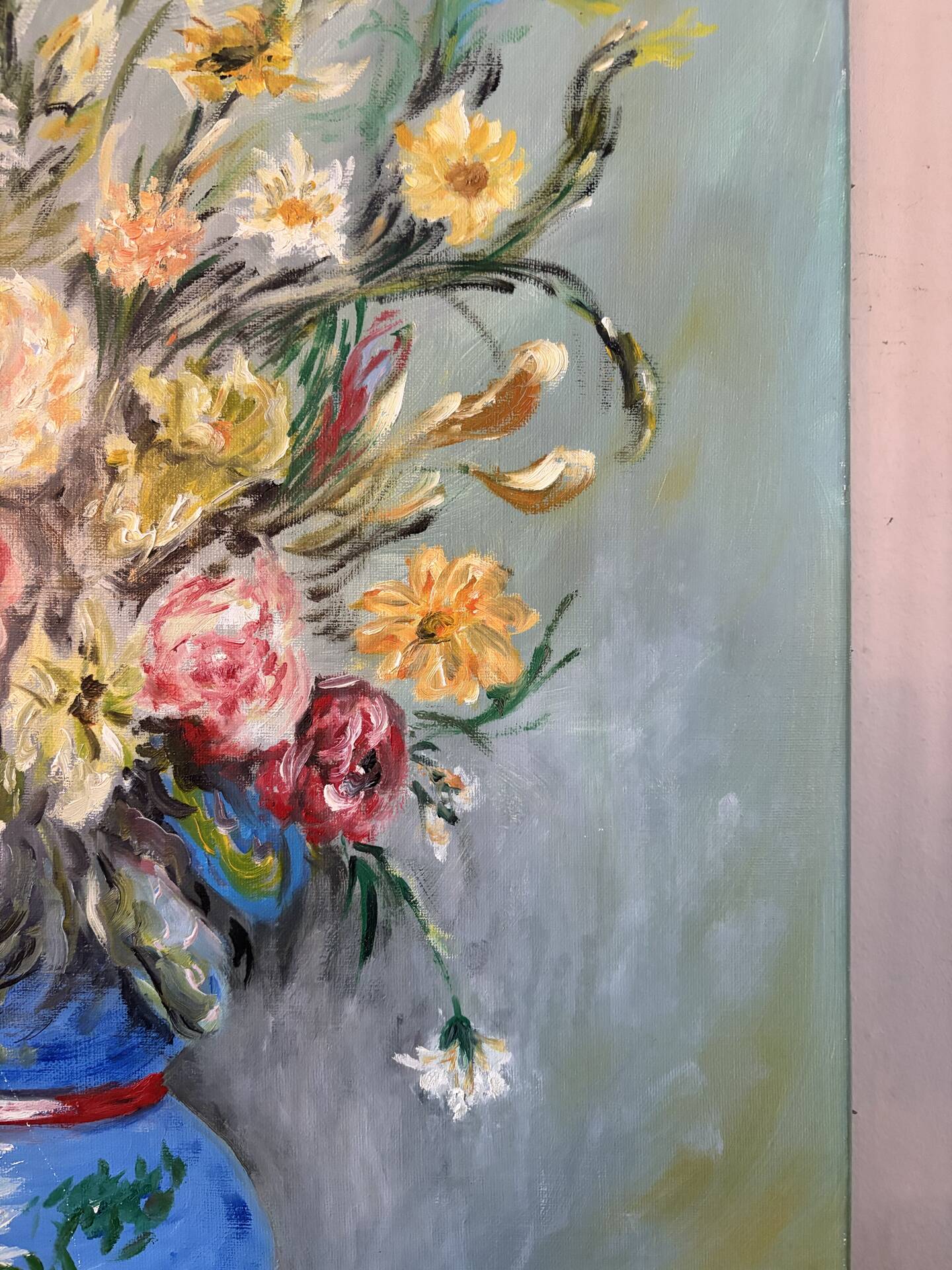 Bouquet in a blue vase, oil on canvas signed
