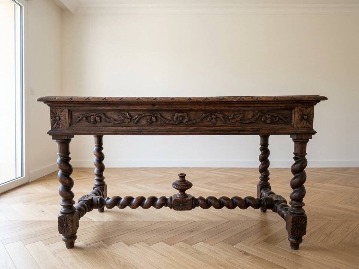 Antique solid wood carved desk in Louis XIII style.