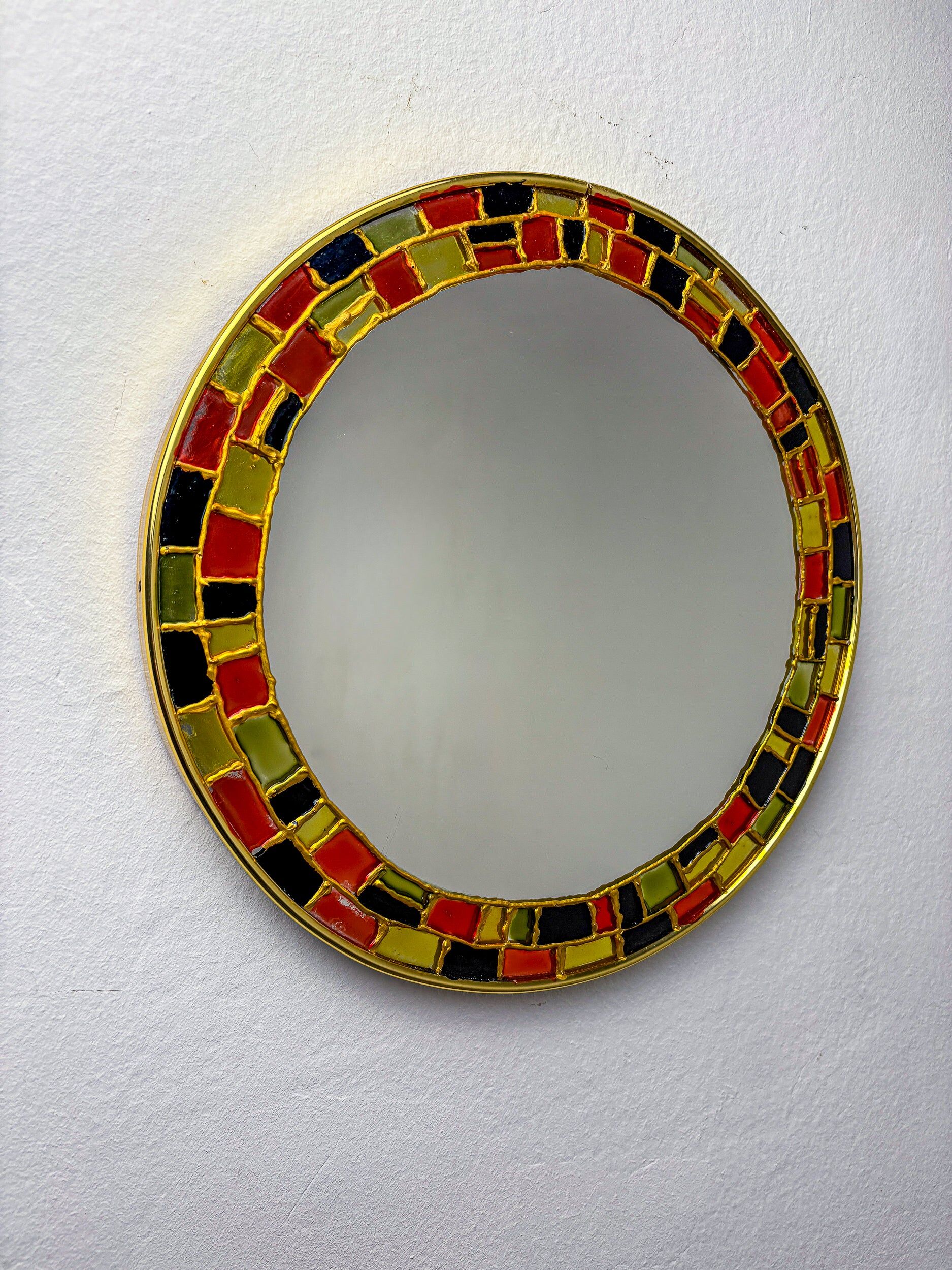 Spanish hand-painted ceramic-style mosaic circular mirror, 1970s