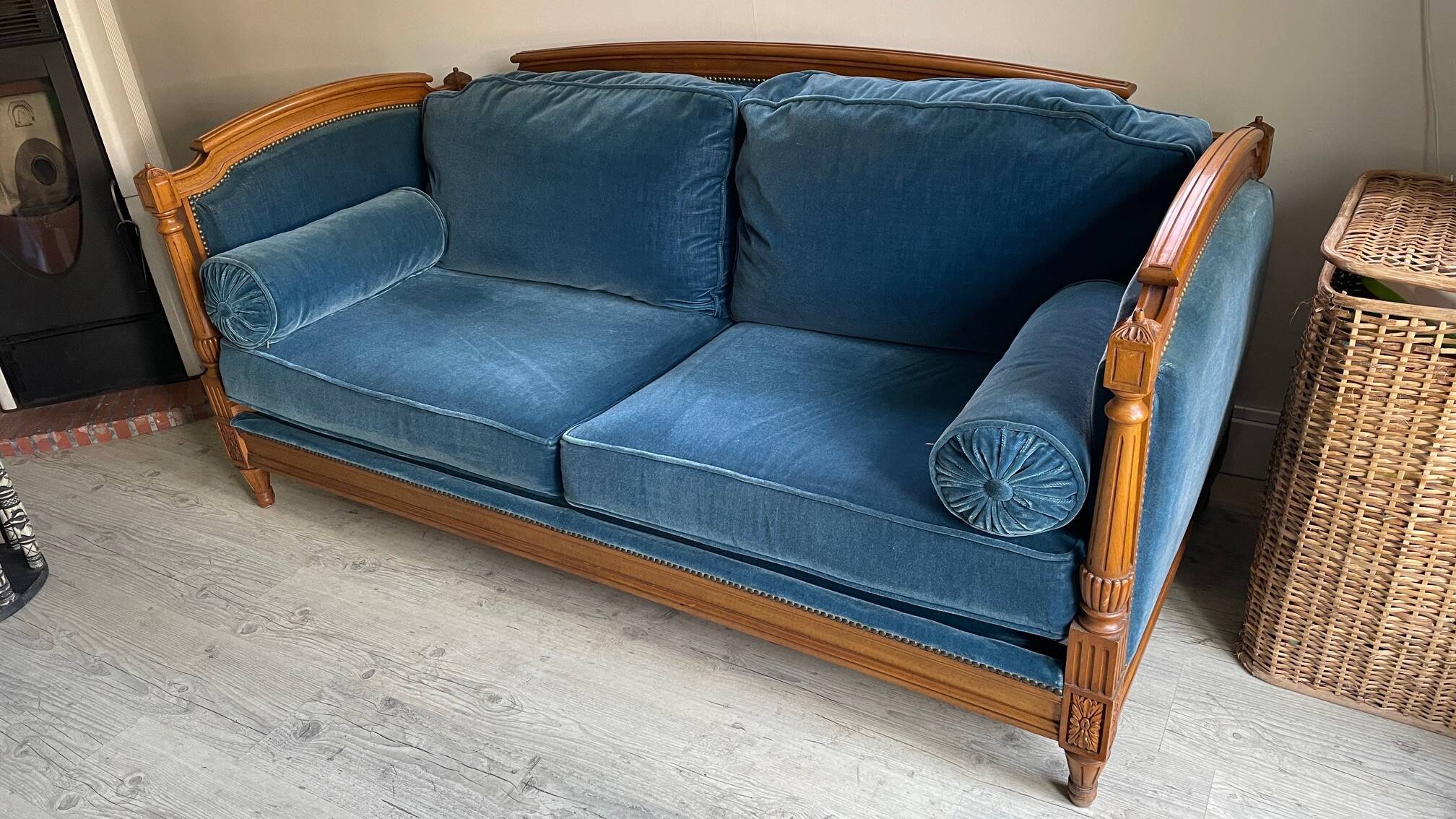 Jean Roche Vintage Wood and Velvet Sofa